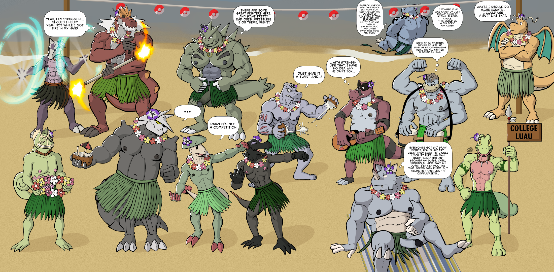 2_toes 3_toes 4_toes abs accessory aggron alolan_form alolan_marowak anthro anton_o'moore bared_teeth barefoot beach beach_towel belly beverage biceps big_muscles biped blastoise blue_body blue_scales blush blush_lines bongo_drum bottomwear bracelet breloom bryan_hall claws clothed clothing coconut coconut_drink comic crossed_arms curtis_sara_taylor dancing dialogue dragonite dressing drum drupe_(fruit) erect_nipples erection eyebrows feet femboy fire fire_dancer fire_dancing fire_performance flower flower_necklace flower_on_head food fossil_pokemon fruit garland garth_forest generation_1_pokemon generation_2_pokemon generation_3_pokemon generation_5_pokemon generation_6_pokemon generation_7_pokemon genitals grass_skirt green_body green_scales grey_body grey_scales group hand_on_hip hawaiian herbert_gillespie hi_res hibiscus hula hula_dancer hula_dancing humanoid_feet humanoid_genitalia humanoid_penis hunter-husky jewelry kecleon krookodile lei looking_at_viewer luau lute machamp machoke male male/male markings mature_male melee_weapon musclegut muscles muscular muscular_male musical_instrument navel necklace nervous nintendo nipples one_panel_comic open_mouth orange_body orange_scales party penis percussion_instrument performance_art plant plantigrade plucked_string_instrument pokeball pokemon pokemon_(species) polearm pupils purple_sclera raymond_davis red_body red_scales regional_form_(pokemon) rhydon salandit sand scales scalie sea sebas_cooper sexual_tension shane_barker shoreline shoulder_strap sign skirt snout spear speech_bubble spikes spikes_(anatomy) strength string_instrument tail tattoo teeth toes tongue topless topless_anthro topless_male torch towel treecko trenton_liddle tribal tribal_markings triceps twunk tyranitar tyrantrum ukulele ulisez_golderer unnamed_character ventral_scales wardrobe_malfunction water weapon white_sclera yellow_sclera