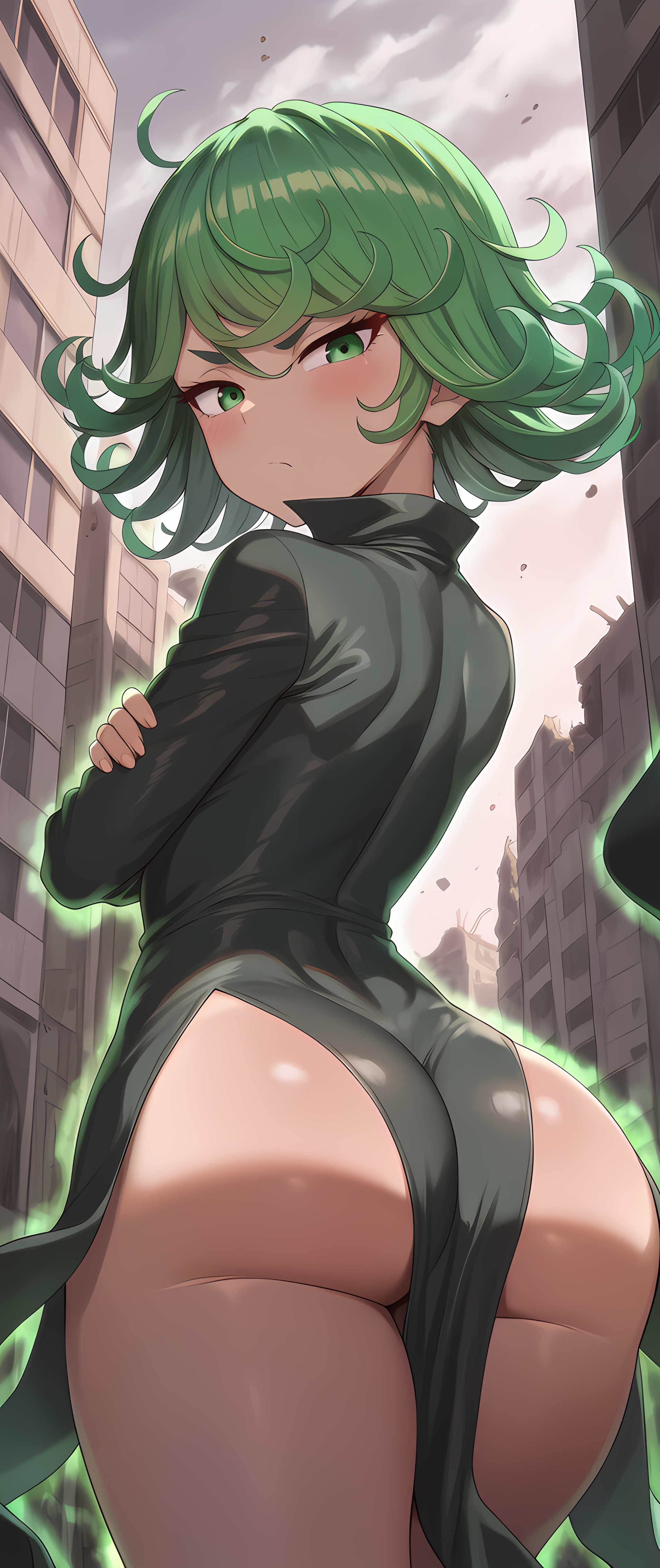 1girls ai_generated ass ass_cleavage big_ass big_butt black_dress blush closed_mouth clothed clothed_female clothing curly_hair dress female female_only green_eyes green_hair hentai4life huge_ass huge_butt looking_at_viewer looking_back looking_back_at_viewer novelai one-punch_man solo solo_female standing tatsumaki thighs tight_clothing