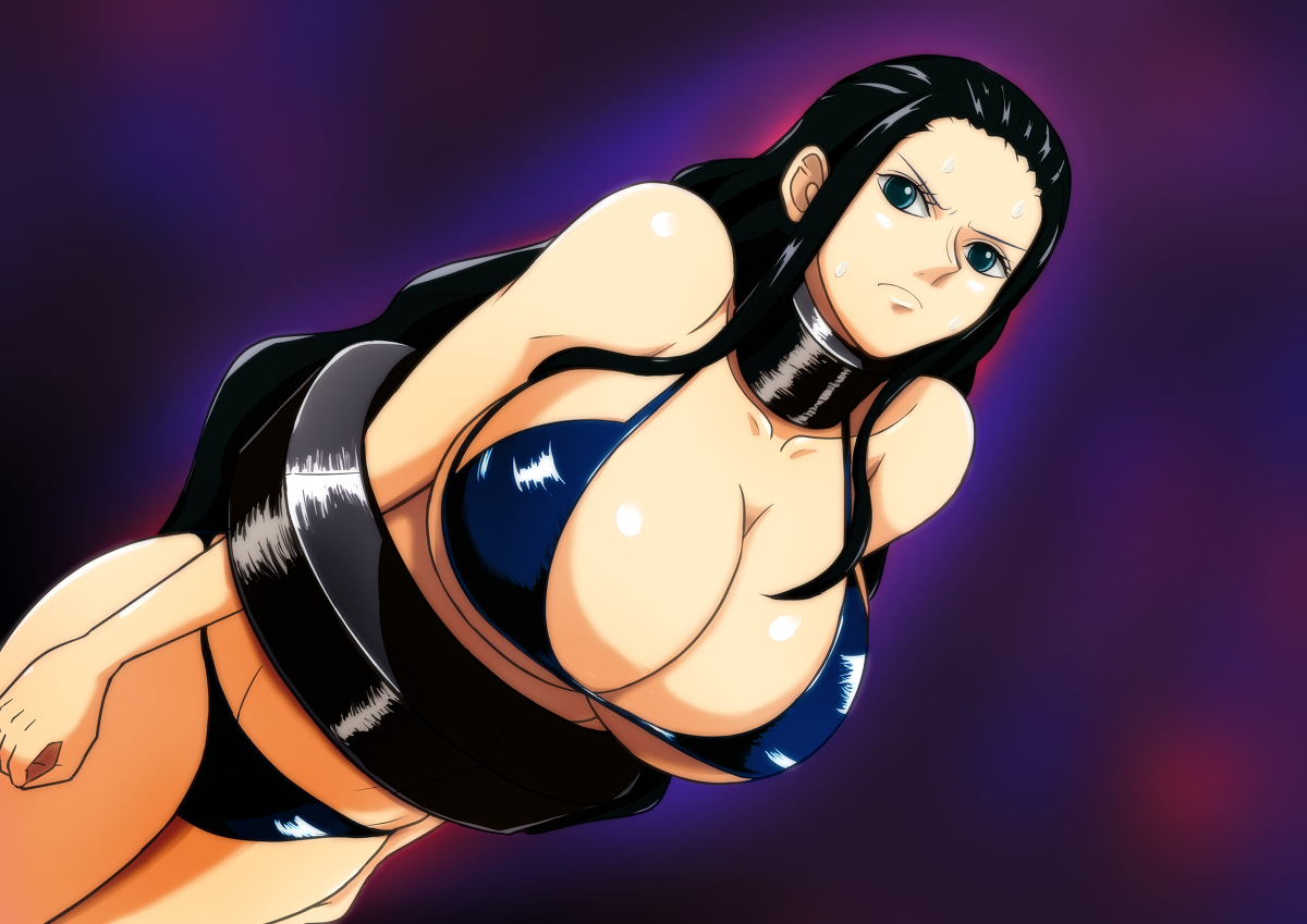 nico robin, one piece, angry, big breasts, black hair, bra, long hair, rest...