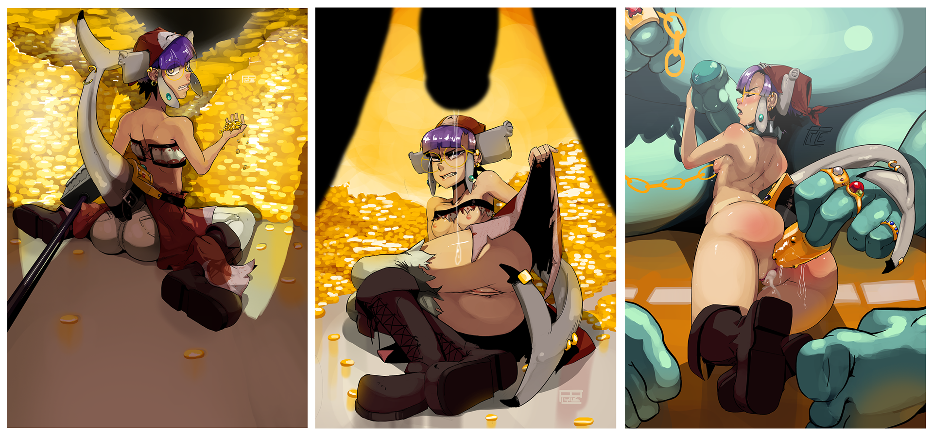 polyle, anal insertion, ass, boots, breasts, chains, closed eyes, coins, cum, cum in pussy, cum inside, earrings, fellatio, female, glasses, gold, hat, male, monster, nipples, oral, penis, purple hair, pussy, shark girl, shark tail, short hair, tail, torn clothes, treasure, tubetop, uncensored, 