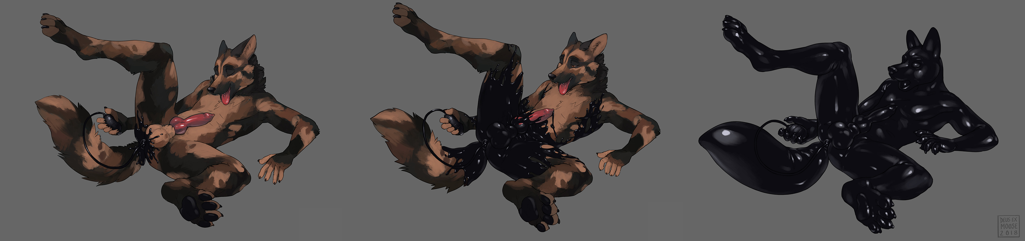deusexmoose, simple background, anal, anthro, canine, german shepherd, goo transformation, inflatable, male, mammal, plug, rubber, solo, tail, toy, transformation, 