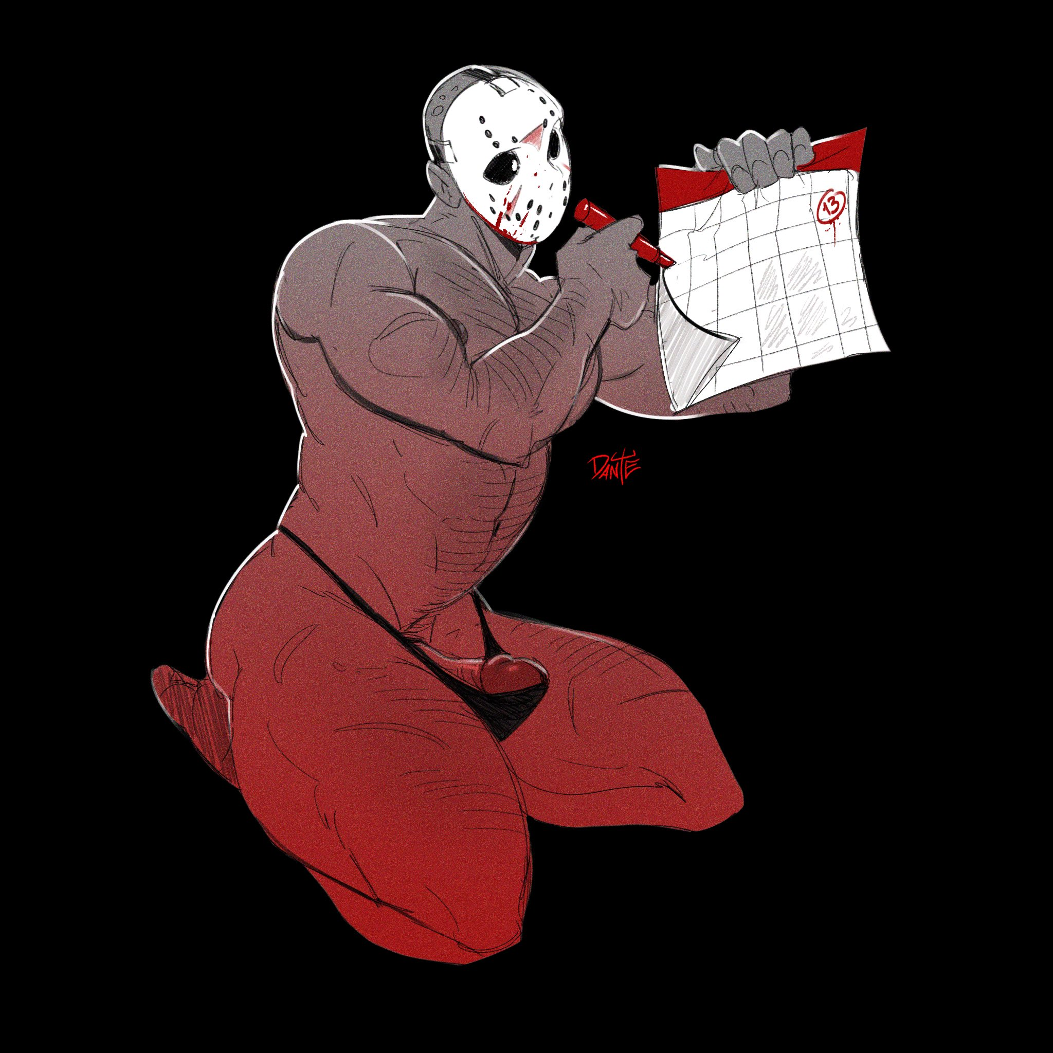 jason voorhees, friday the 13th, hi res, highres, 1boy, 2023, balls, bara, bara tits, barazoku, bulge, bulge through clothing, erection, erection under clothes, gay, hockey mask, male, male focus, male nipples, male only, manly, mask, masked, masked male, muscular male, nipples, padeliciouss/dantesrealm, penis, solo, solo male, thong, yaoi, 