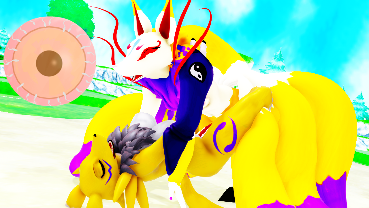 malicekira, digimon (species), kyubi (yo-kai watch), renamon, digimon, mythology, yo-kai watch, 16:9, 3d (artwork), digital media (artwork), anthro, asian mythology, bodily fluids, breasts, canid, canine, closed eyes, cum, cum in pussy, cum inside, duo, east asian mythology, erection, female, fox, fox spirit, fur, genital fluids, genitals, impregnation, lying, male, male/female, male penetrating, mammal, missionary position, multi tail, nipples, nude, on back, ovum, penetration, penis, sex, sperm cell, vaginal penetration, video games, white body, white fur, widescreen, yellow body, yellow fur, 