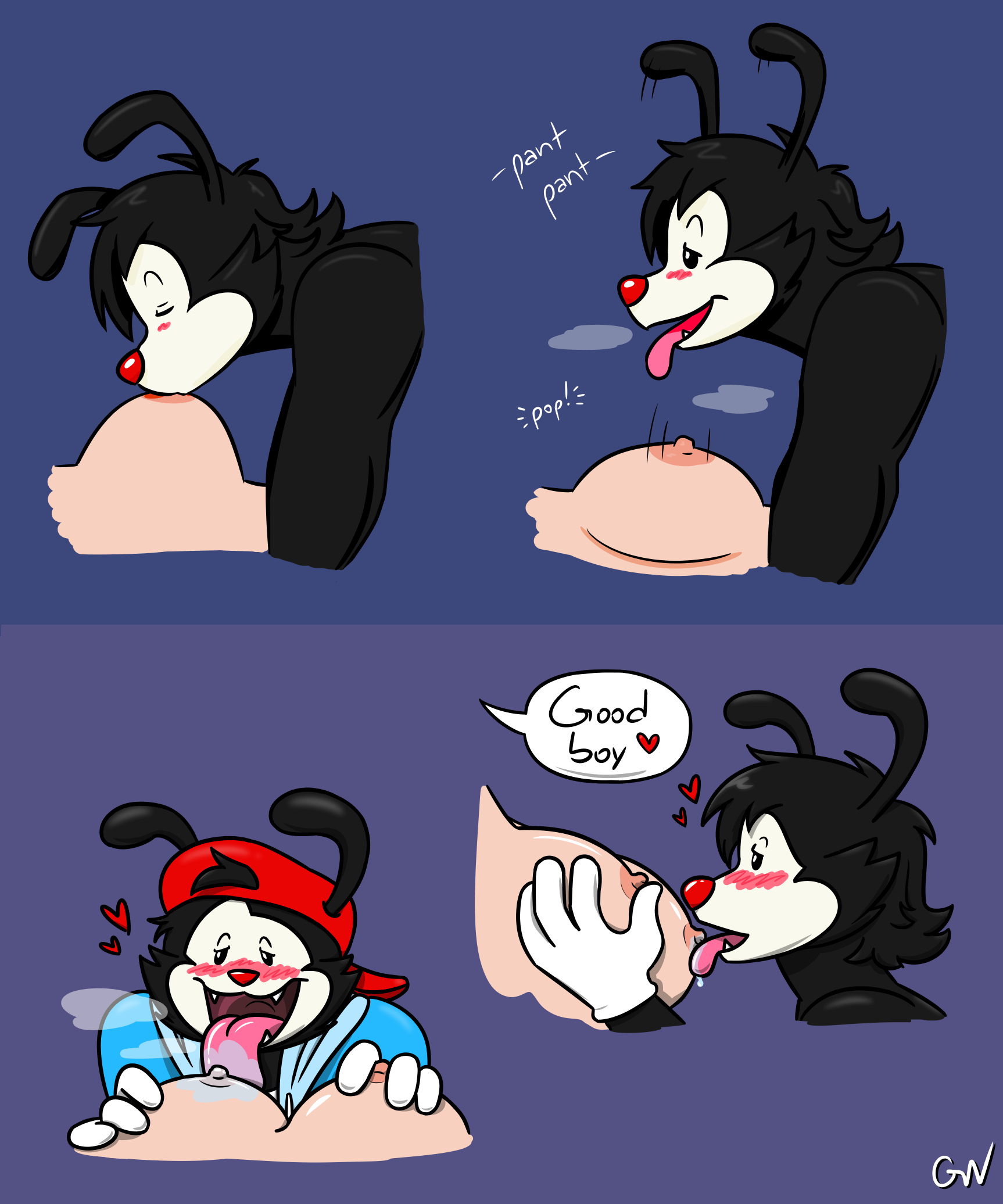 wakko warner, animaniacs, warner brothers, colored, digital drawing (artwork), digital media (artwork), hi res, animal humanoid, areola, blush, breast lick, breasts, duo, erect nipples, fan character, female, gatanoche, gatanoche (artist), heart, human, humanoid, licking, male, male/female, mammal, mammal humanoid, nipple fetish, nipple pinch, nipple play, nipple suck, nipples, pinch, praise, sucking, tongue, tongue out, toony, 