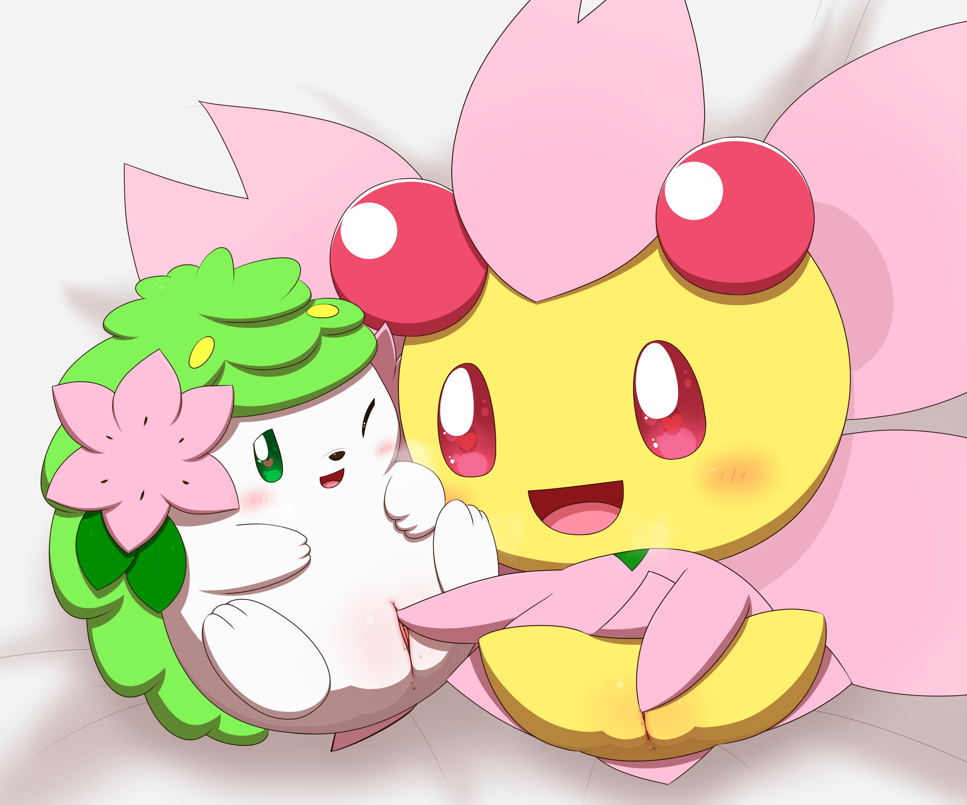 minami (artist), cherrim, shaymin, nintendo, absurd res, hi res, blush, clitoral, clitoral masturbation, clitoris, duo, elemental creature, female, female/female, feral, flora fauna, genitals, heart, land forme shaymin, masturbation, plant, pokemon, pussy, vaginal penetration, video games, 