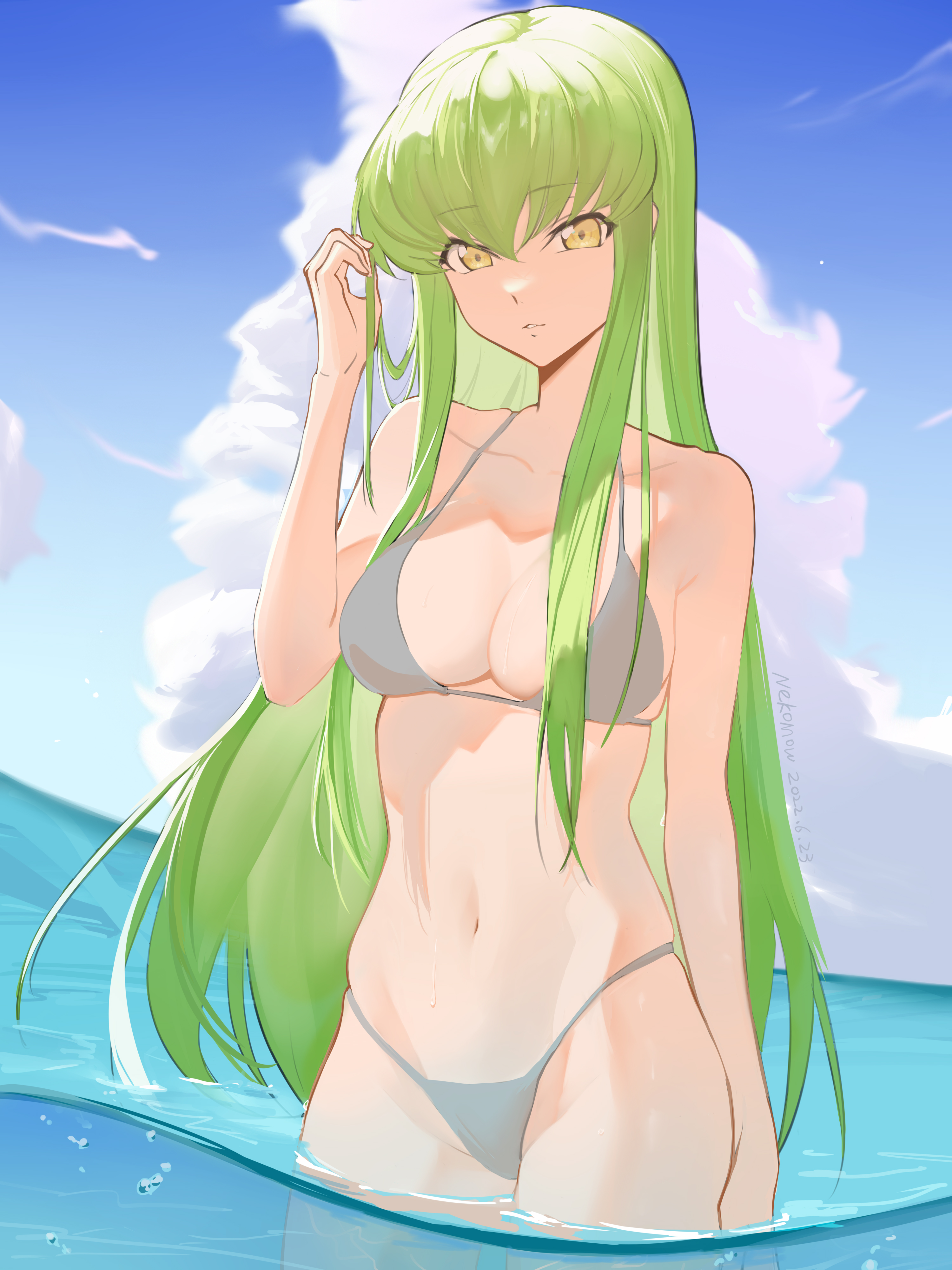 c.c., code geass, tagme, beach, big breasts, bikini, curvy, detailed background, female, looking at viewer, nekomow, outside, swimsuit, water, wide hips, 