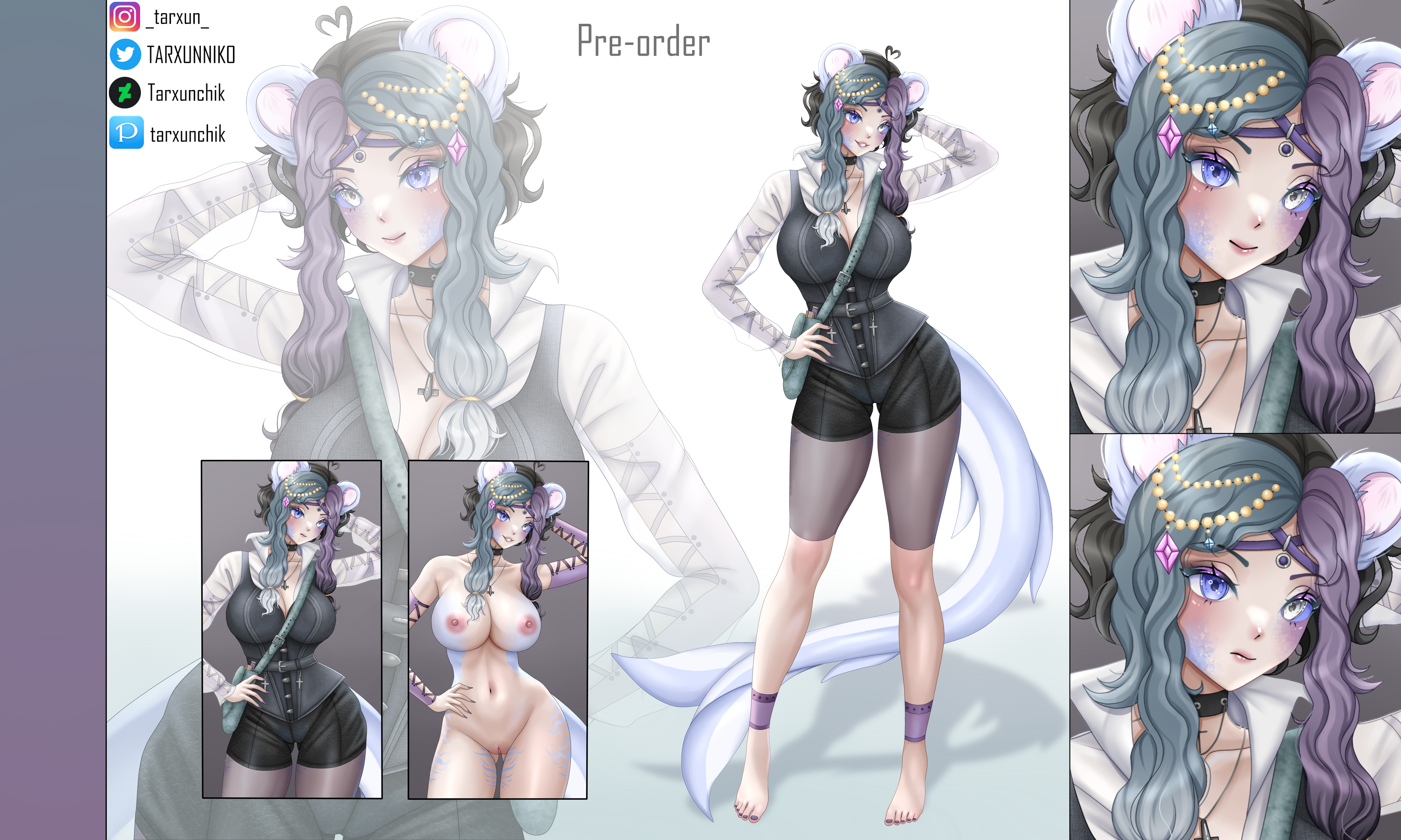 accessory adoptable anime anime_girl anime_style bag bare_breasts bare_legs barefoot big_breasts black_hair blue_eyes blue_hair breasts character_profile character_sheet collar commission commission_art female fish fish_tail foot_fetish legs legwear medium_hair monster_girl mouse mouse_ears mouse_girl nail_polish neko nude nude_female pirate pirate_girl purple_hair pussy pussy_lips shark_tail short_hair shorts tail tarxunniko white_eyes