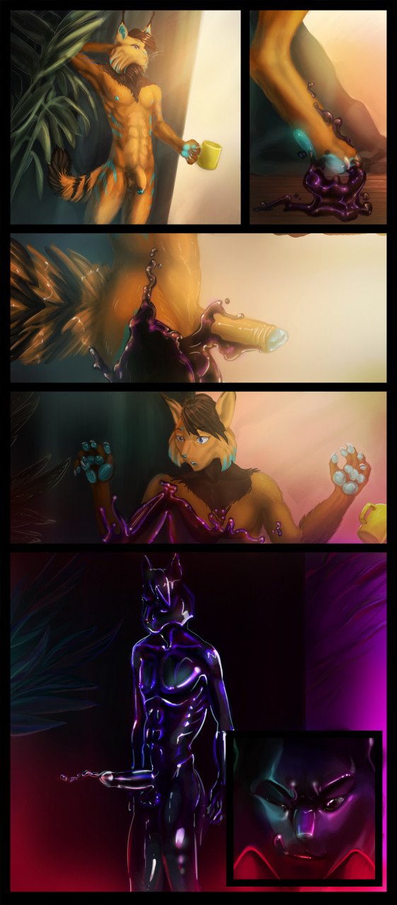 comic, hi res, anthro, ass, biped, blue body, blue eyes, blue fur, blue glans, blue nipples, blue nose, blue pawpads, blue stripes, brown body, brown fur, brown hair, brown stripes, chevy dahl, claws, ear tuft, erection, felid, feline, flaccid, fur, genitals, glans, gloves (marking), goo transformation, hair, hand behind head, holding mug, humanoid genitalia, humanoid penis, kimru, lynx, male, mammal, markings, neck tuft, nipples, orange body, orange fur, orange penis, orange stripes, pawpads, penis, retracted foreskin, slime, slime in hair, slime on balls, slime on butt, slime on chest, slime on face, slime on penis, solo, striped body, striped fur, striped markings, striped tail, stripes, tail markings, tongue, tongue out, transformation, tuft, upside down penis, white claws, 