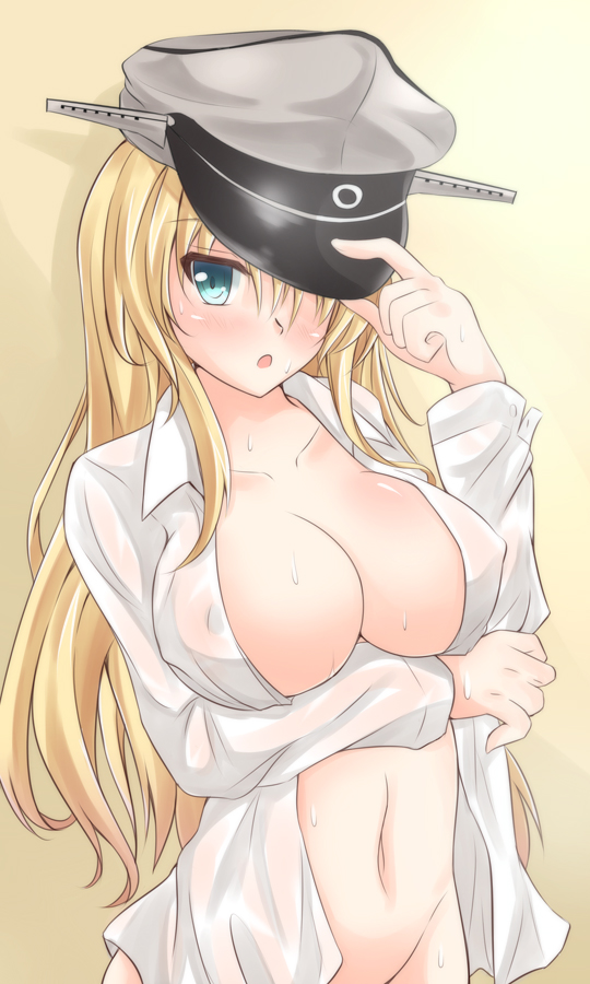 messenger-lame, bismarck (kantai collection), kantai collection, blonde hair, blue eyes, breasts, cleavage, female, hat, hat over one eye, large breasts, long hair, looking at viewer, military hat, navel, nipples, open clothes, open shirt, personification, sweat, 
