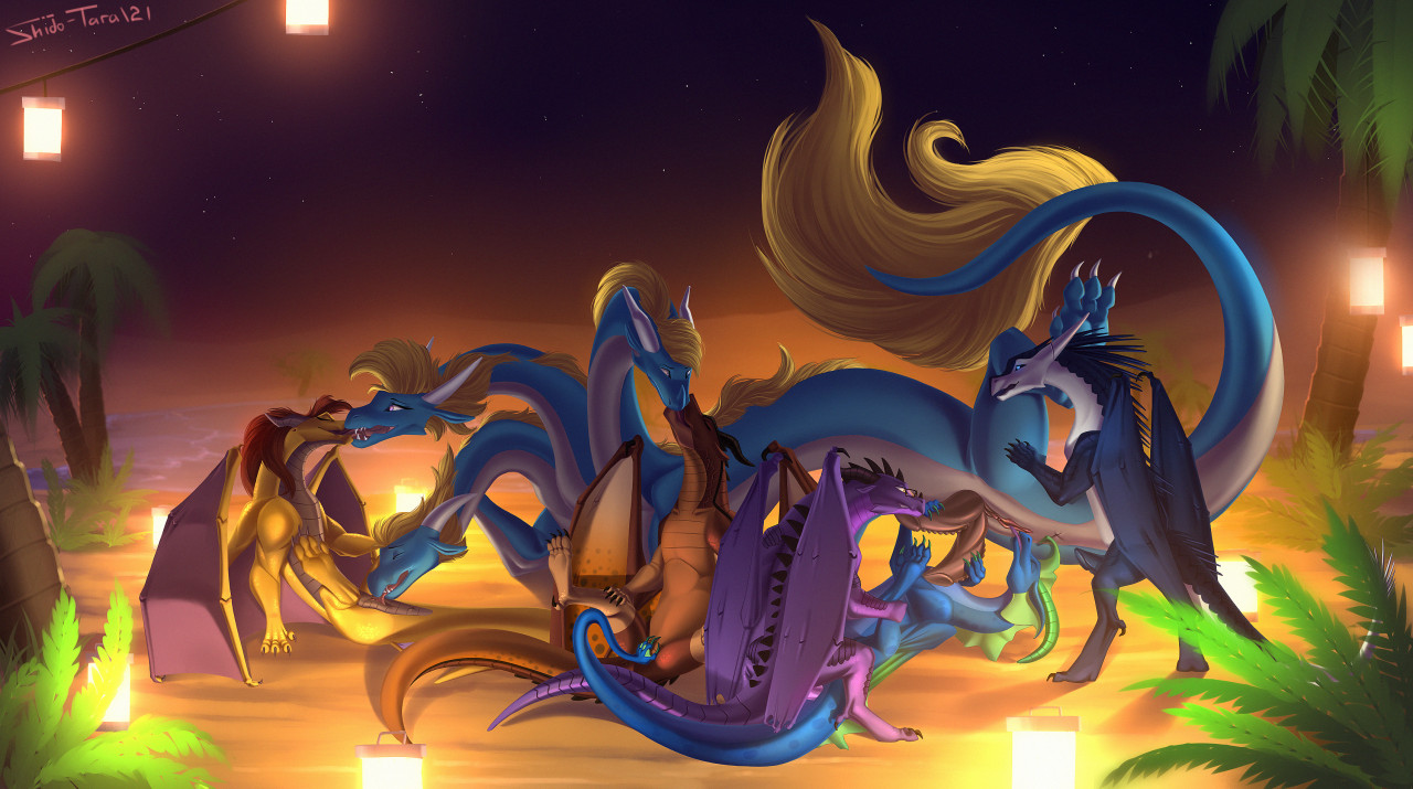 2 penises, 3 heads, 4 toes, anal, anal sex, beach, blue body, cunnilingus, desert, dragon, dusk (duskthederg), fan character, feet, female, feral, feral on feral, feral penetrated, feral penetrating, feral penetrating feral, genitals, group, group sex, herm, hydra, intersex, kissing, male, multi genitalia, multi head, multi penis, night, oasis, oral, orgy, penetration, penis, purple body, rio (duskthederg), seaside, sex, shido-tara, toes, vaginal penetration, yellow body, 