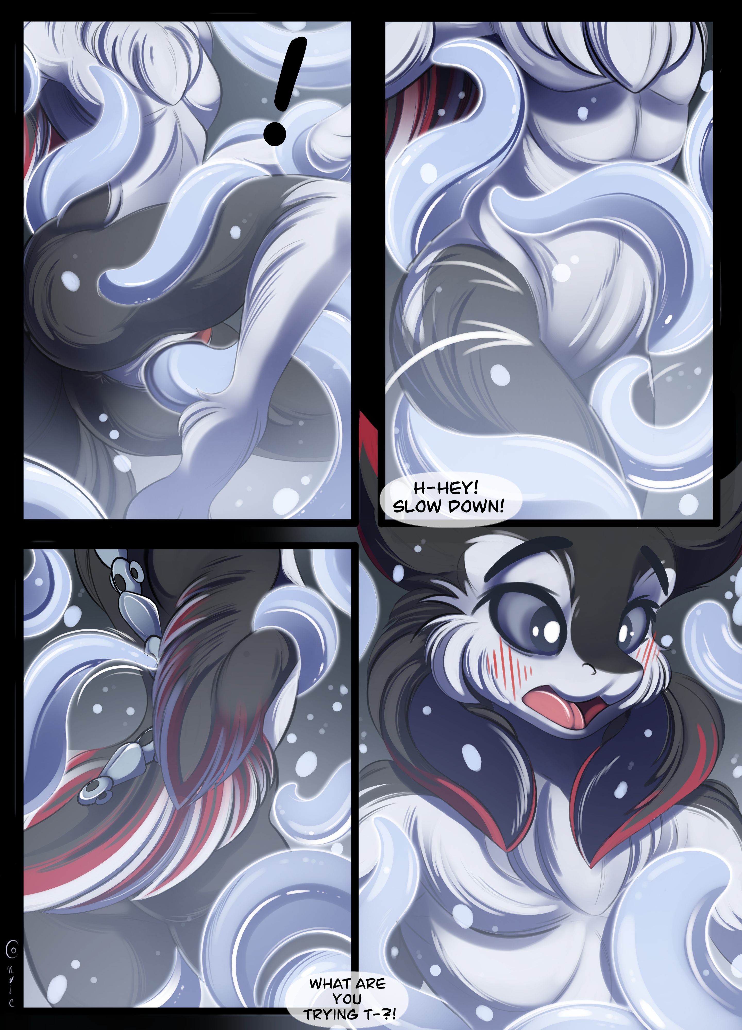absurd res, comic, hi res, text, animal genitalia, anthro, anus, ass, avali, avian, chest tuft, cloaca, cloacal, cloacal penetration, consentacles, genitals, male, nude, penetration, restrained, submissive, submissive male, surprise, tentacle, tuft, wings, 