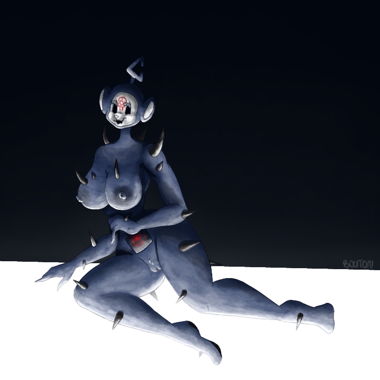 original character, original, slendytubbies, teletubbies, digital media (artwork), simple background, anthro, black eyes, blue fur, breasts, demon girl, female, nipples, nude, signature, sitting, spikes, uncensored, 