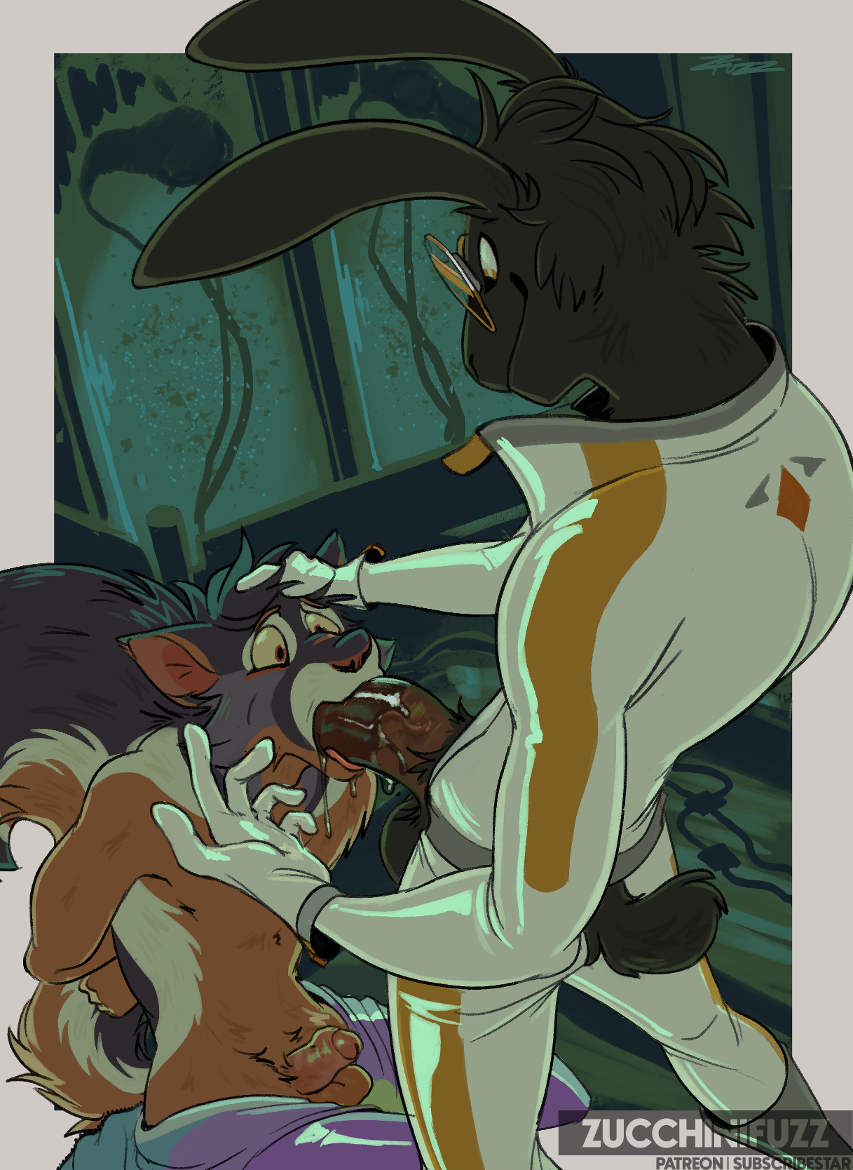 anthro arms_tied balls black_body black_fur bodily_fluids bondage bound clothed clothing duo erection evil_grin eyewear fellatio fluffy fluffy_tail fur genitals glasses gloves grin hair hands_behind_back handwear hi_res humanoid_genitalia humanoid_penis laboratory lagomorph leporid male male/male mammal oral penile penis questionable_consent rabbit restraints rodent saliva scientist sciurid sex smile squirrel suit superhero suprised_look tail tree_squirrel undressed unzipped worried_look zipper zucchinifuzz