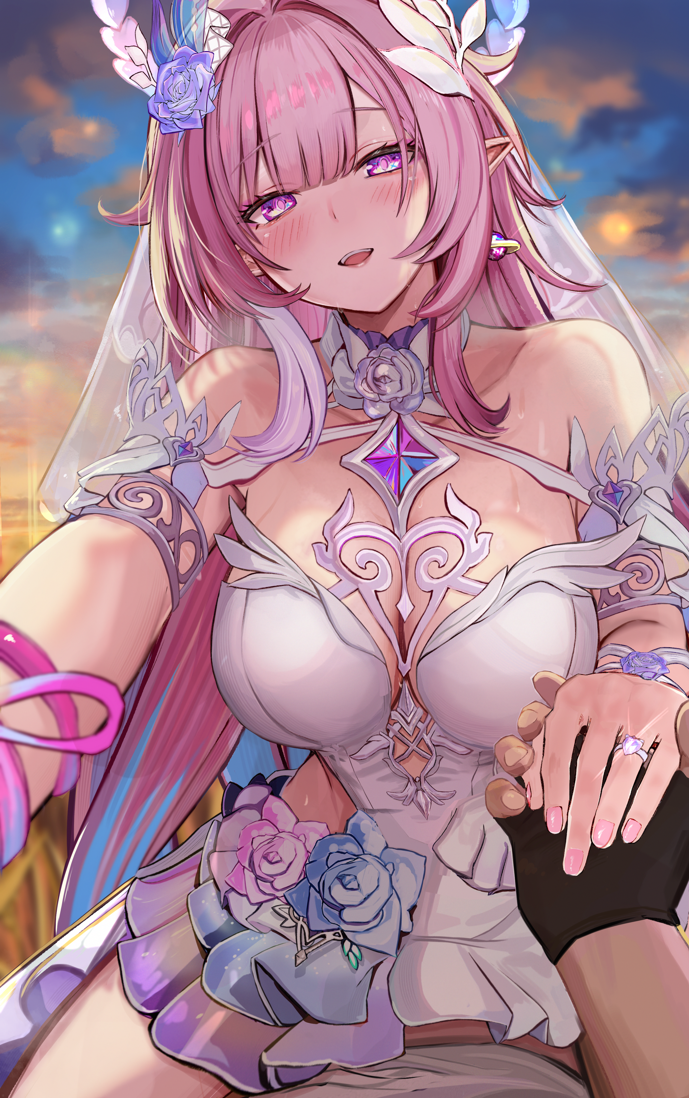 1boy absurdres armlet bare_shoulders black_gloves blue_hair blush breasts caelus_(honkai:_star_rail) cleavage commentary_request cowgirl_position cyrene_(honkai:_star_rail) cyrene_(ripples_of_past_reverie)_(honkai:_star_rail) dress earrings efuri_(riarea00) evening female fingerless_gloves flower gloves hair_flower hair_ornament highres holding_hands honkai:_star_rail honkai_(series) implied_sex jewelry large_breasts looking_at_viewer multicolored_hair nail_polish open_mouth outdoors paid_reward_available partial_commentary pink_hair pink_nails pointy_ears purple_eyes purple_flower purple_rose rose sidelocks smile straddling streaked_hair sweat thighs trailblazer_(honkai:_star_rail) veil white_dress white_veil
