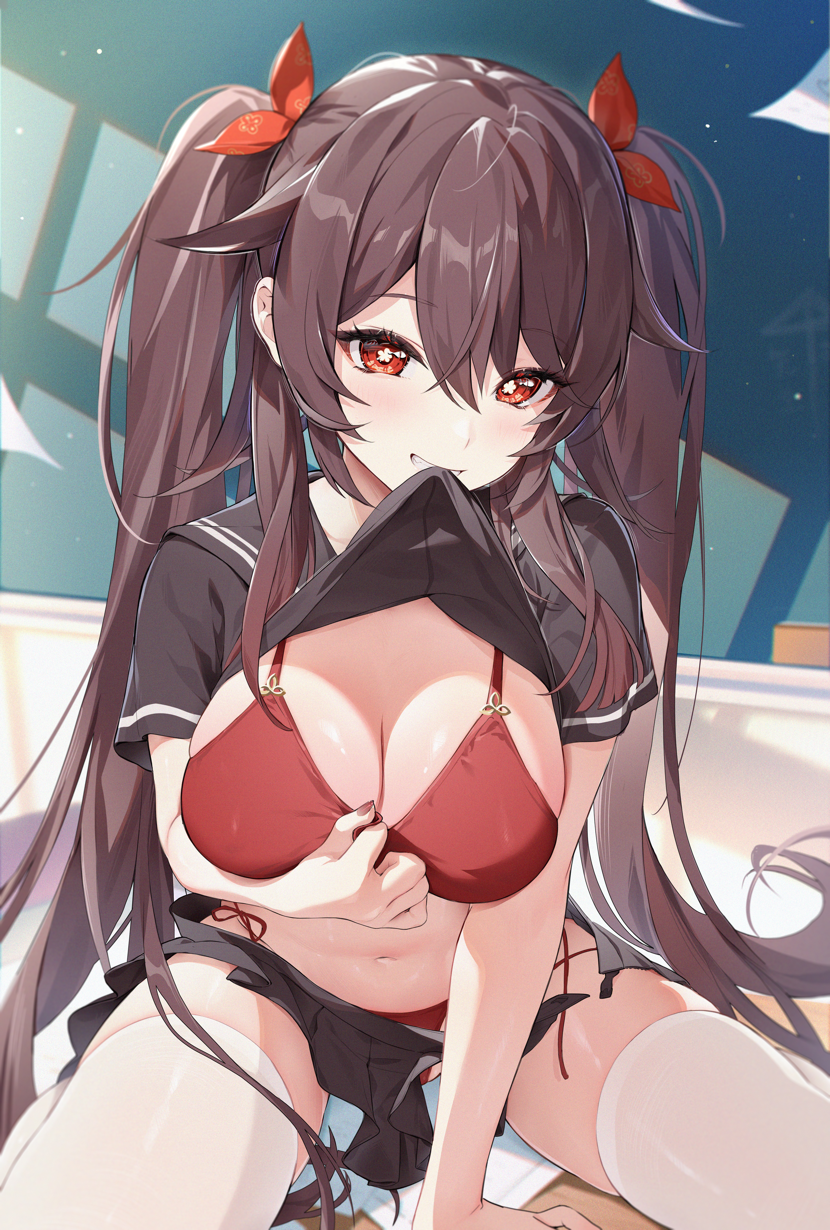 absurd res, 1girls, 2022, alternate breast size, bikini, bikini under clothes, breasts, brown hair, classroom, female, female only, genshin impact, hips, houk1se1, houkiboshi (mmjw7432), hu tao (genshin impact), huge breasts, indoors, long hair, looking at viewer, naughty face, red bikini, red eyes, school uniform, schoolgirl, skindentation, slim waist, smile, suggestive look, symbol-shaped pupils, thick thighs, thighhighs, thighs, top lift, wide hips, 