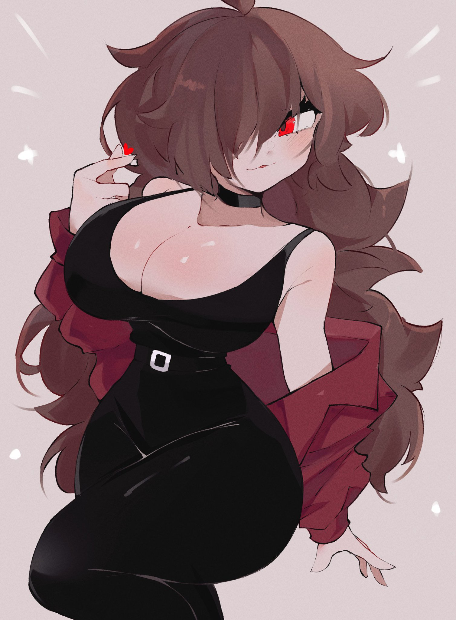 1girls 2d 2d_(artwork) :3 ahoge bangs bangs_over_eyes bangs_over_one_eye belt belt_around_waist belt_buckle big_breasts black_belt black_bodysuit black_choker black_tank_top bodysuit breasts brown_hair choker cleavage clothed clothed_female clothing female female_only friday_night_funkin girlfriend_(friday_night_funkin) hair_over_eyes hair_over_one_eye hand_heart heart heart_hands hoshoidk jacket jacket_off_shoulders large_breasts leg_up legs_together light-skinned_female light_skin long_hair off_shoulder red_eyes red_jacket solo spaghetti_strap tank_top tongue trepidation_gf_(friday_night_funkin) upper_body