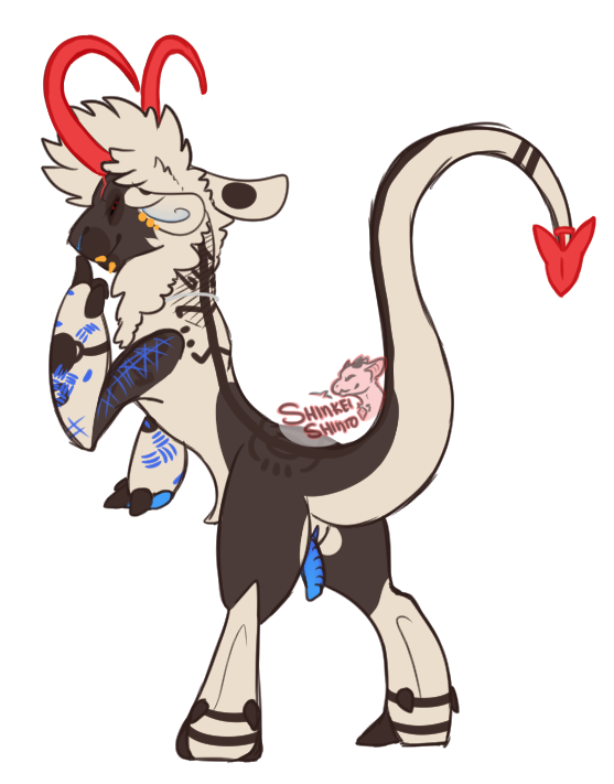 simple background, tagme, white background, animal genitalia, animal penis, anthro, black sclera, bovid, caprine, clothing, costume, fur, genitals, goat, horn, hybrid, looking at viewer, male, mammal, markings, multicolored body, multicolored fur, penis, red eyes, shinkei shinto (artist), signature, smile, solo, standing, 