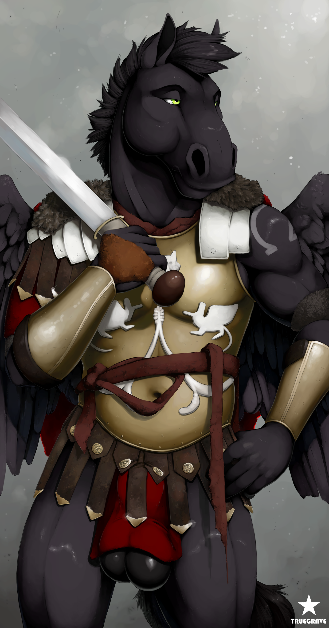 truegrave9, 2019, absurd res, grey background, hi res, simple background, 5 fingers, anthro, armor, balls, biped, black body, black hair, black skin, bottomless, clothed, clothing, equid, equine, feathered wings, feathers, fingers, genitals, green eyes, hair, hand on hip, holding object, holding sword, holding weapon, looking aside, male, male only, mammal, melee weapon, muscular, muscular thighs, pterippus, roman, solo, standing, sword, weapon, wings, 