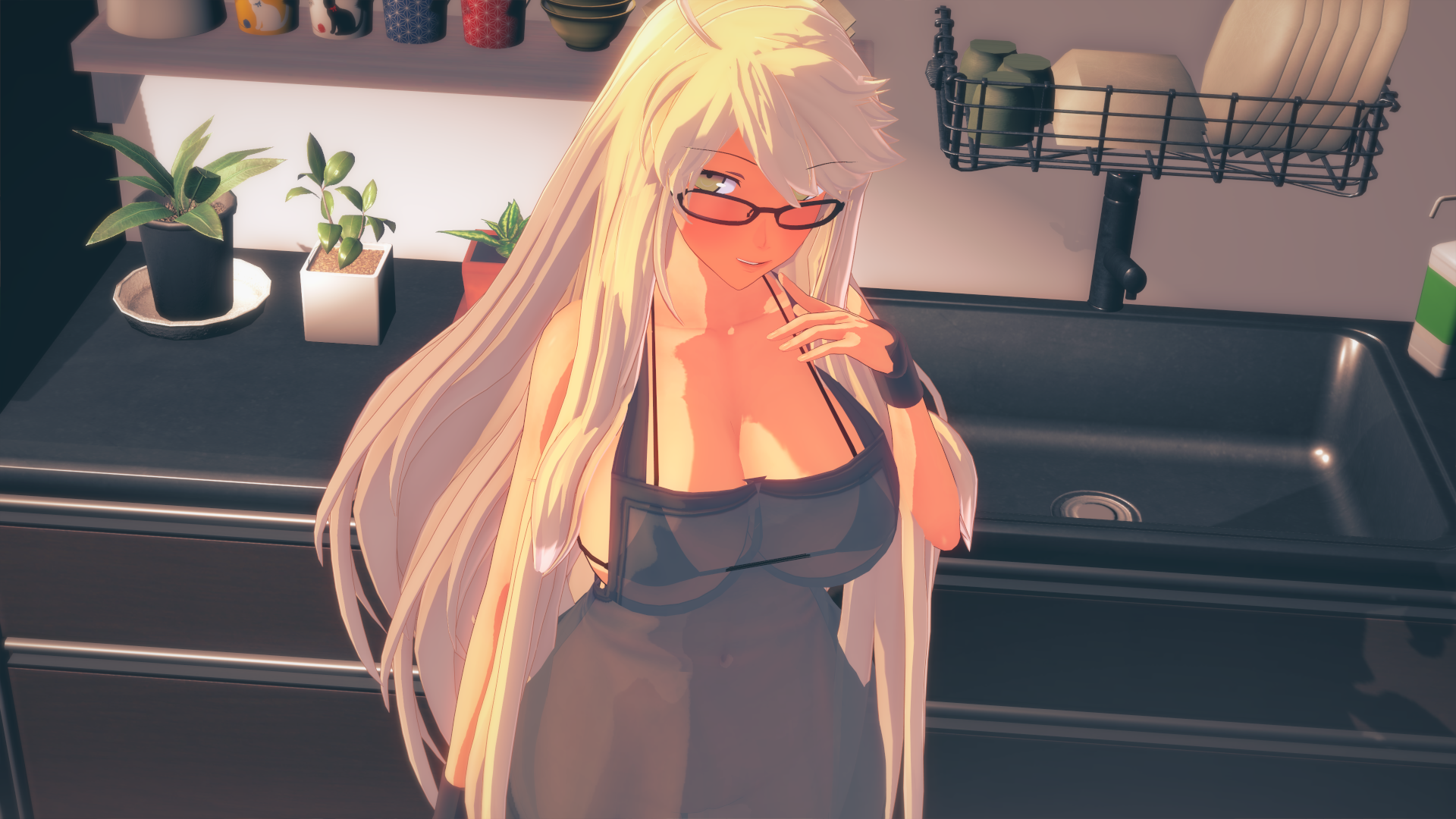 alma armas, va-11 hall-a, 3d, koikatsu, 1girls, apron, blonde hair, bottomless, bra, glasses, kitchen, long hair, looking at viewer, open mouth, solo, spiritofrei, 