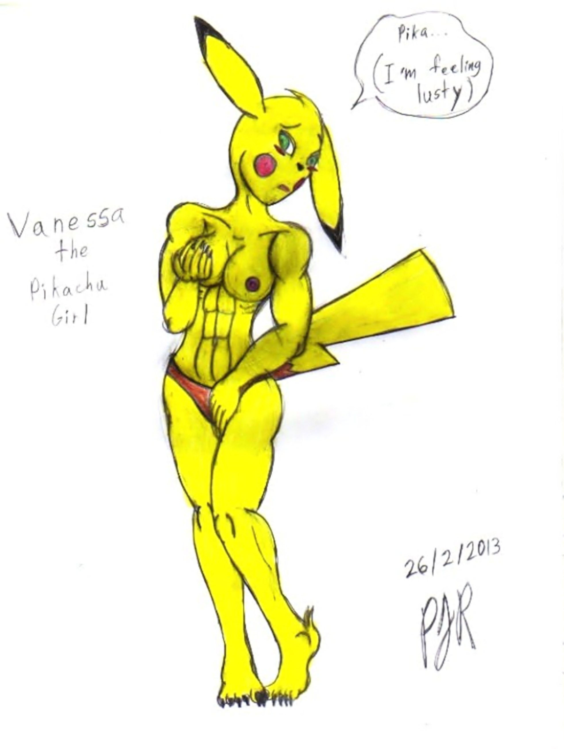 pikachu, color, anthro, breasts, exposed breasts, female, female only, front view, fur, furry, furry breasts, pokemon, solo, teamavalanchemember2, yellow fur, 