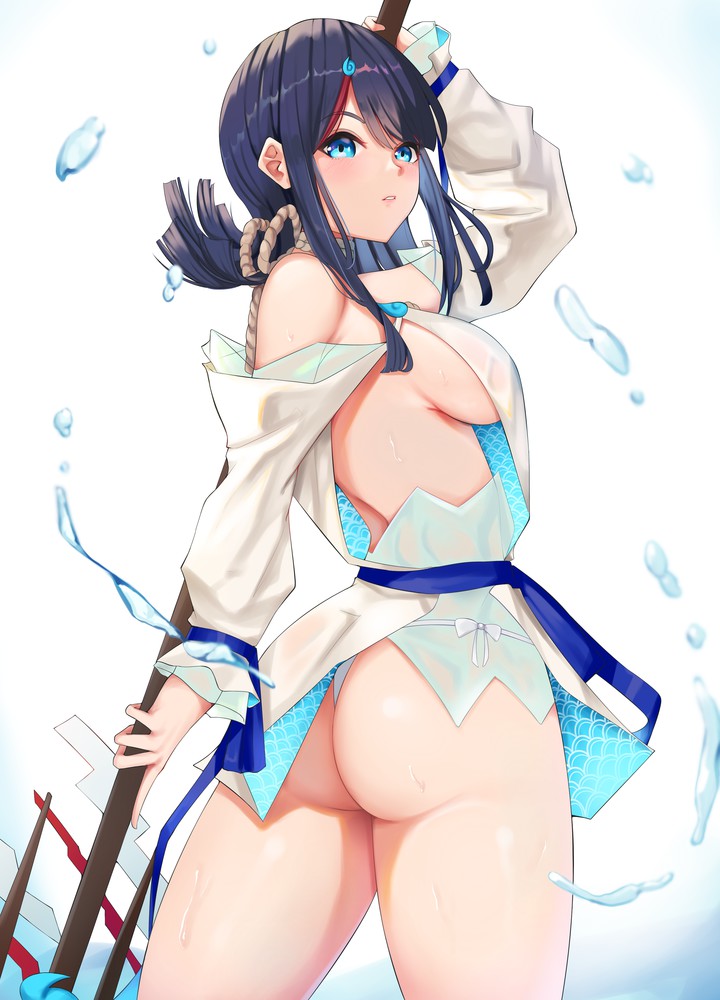 fate/grand order, fate (series), ass, blue hair, cromwellb, dat ass, from behind, fundoshi, hair ornament, japanese clothes, large breasts, looking at viewer, medium hair, sideboob, staff, thong, utsumi erise, 