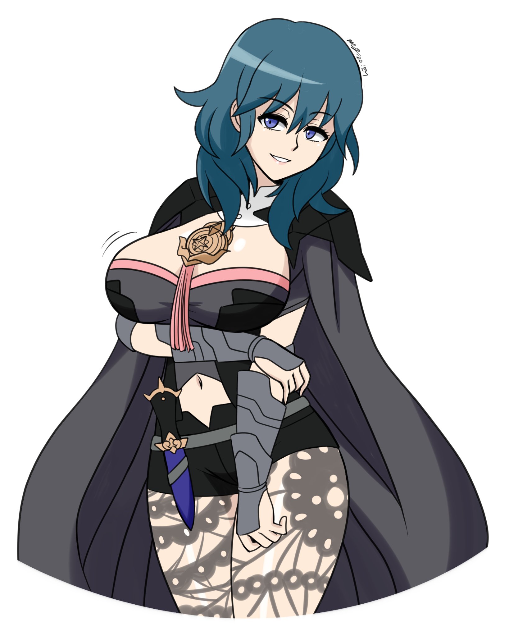 mergeritter, byleth (female), byleth (fire emblem), fire emblem, fire emblem: three houses, 1girls, arm under breasts, big breasts, blue eyes, blue hair, breasts, cape, female, female only, huge breasts, long hair, short shorts, solo, solo female, stockings, thick thighs, 