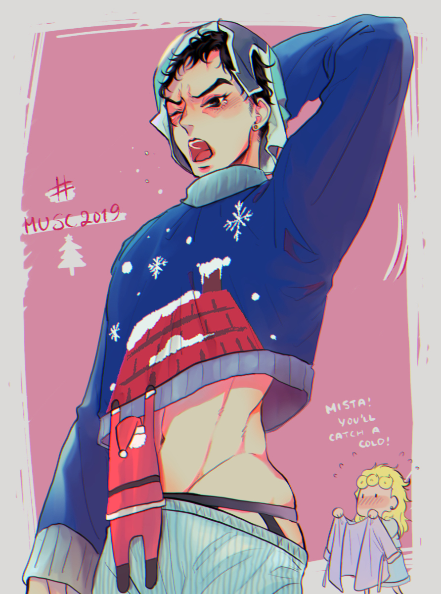 giorno giovanna, guido mista, christmas, vento aureo, 2boys, blush, christmas outfit, clothed, crop top, curly hair, earrings, funny, jockstrap, male only, midriff, one arm up, open mouth, pajamas, pants down, solo focus, sweater, sweater lift, tears, toned, toned male, waking up, yawn, 