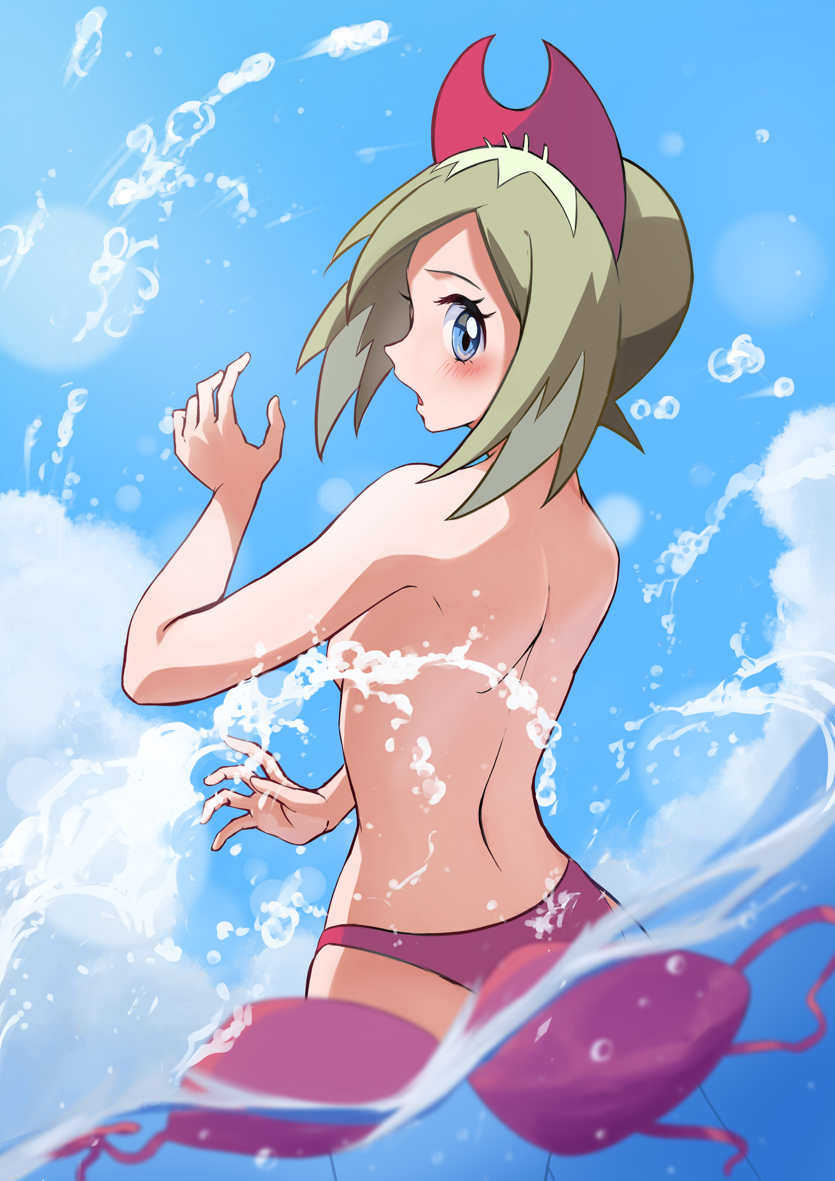 1girls absurdres bikini blonde_hair blue_eyes blush bra breasts cloud convenient_censoring day eyelashes female hand_up highres irida_(pokemon) looking_back mikan_(mikan_no_happa) nintendo open_mouth outdoors partially_underwater_shot pink_bikini pokemon pokemon_legends:_arceus shoulder_blades sky solo swimsuit topless_female underwear unworn_bra wading water water_drop