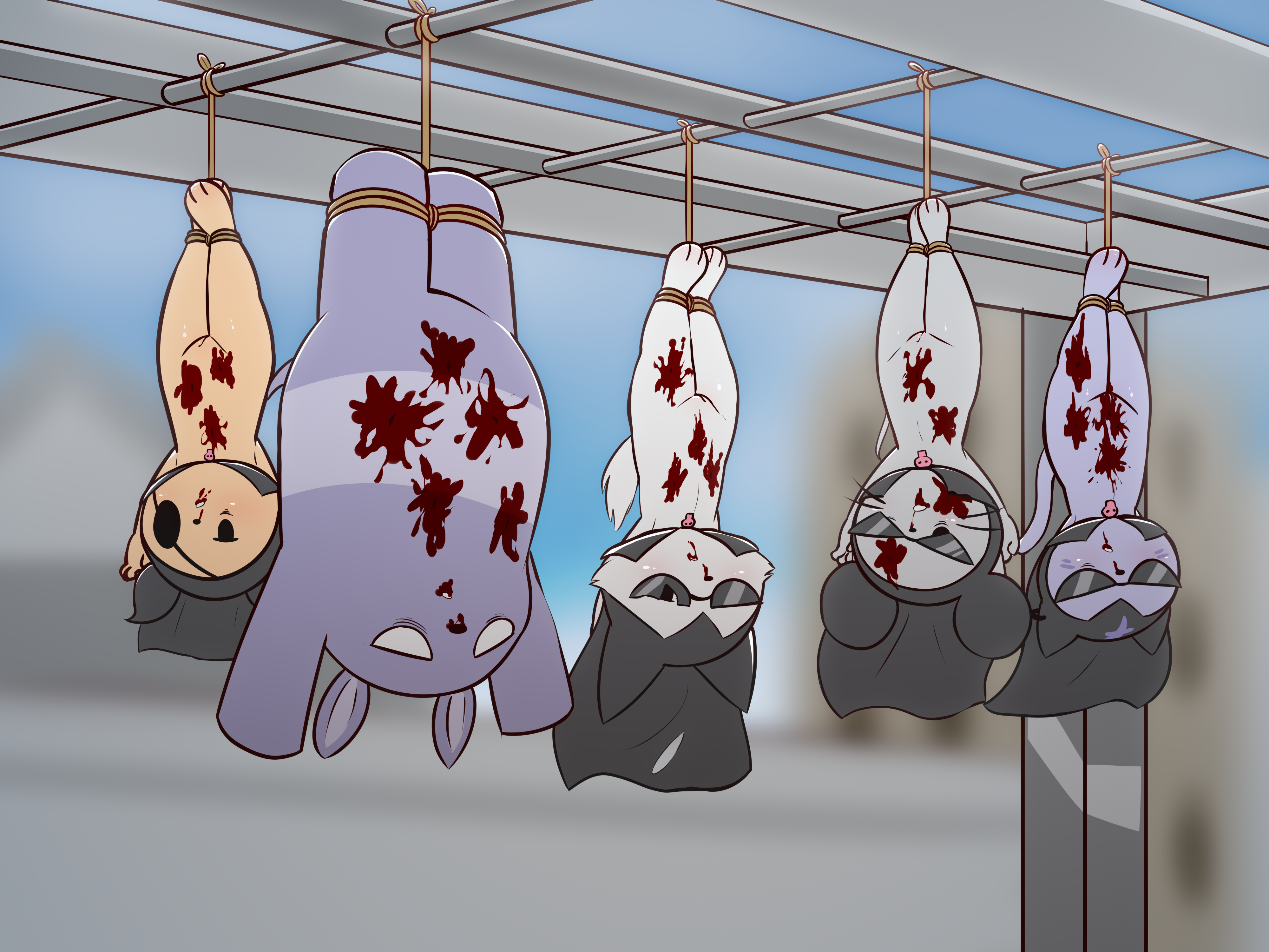 3_toes absurd_res ankles_tied anthro baku_(sanrio) benito_mussolini blood_from_mouth blood_in_mouth blurred_background blush bodily_fluids bone bottomless bound broken_glasses bullet_wound canid canine canis cape chumi city city_background clothed clothing cloud cloudy_sky corpse covered_in_blood cruelty day dead_eyes death defeated defeated_villain defeated_villainess domestic_cat domestic_dog dried_blood e254e empty_eyes execution eye_bags eye_patch eyewear facial_tuft featureless_crotch featureless_feet featureless_hands feet felid feline felis female flat_chested fluffy fluffy_tail fox fur genitals glasses gore group gunshot_wound hanging_by_feet hi_res hoodie hoodie_only innie_vulva italy karma konmi male mammal mouse murid murine nosebleed nude nyanmi on_display onegai_my_melody pear-shaped_figure rodent rope ryona sanrio scaffolding shot_in_head skull skull_accessory sky sunglasses suspension tail tapir toes topwear topwear_only tuft villainess vulva wanmi whiskers white_body white_fur wide_hips