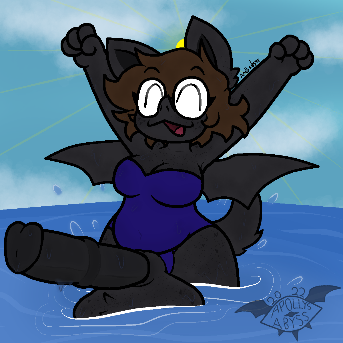 1:1 animal_genitalia animal_penis anthro apollysabyss balls bat beach big_balls big_penis breasts clothing equine_genitalia equine_penis futanari genitals happy hi_res huge_balls huge_cock intersex mammal marci_(apollysabyss) penis sky solo sun swimwear thick_thighs trans_woman transfem water