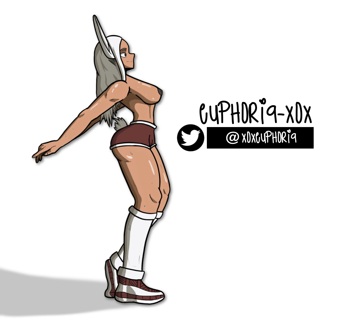 rumi usagiyama, my hero academia, basketball, basketball uniform, boku no hero academia, breasts, breasts out, bunny ears, bunny tail, dark-skinned female, dark skin, euphoria-xox, looking afar, mirko, naked, nipples, nude, red eyes, red shirt, red shorts, shoes, shoes on, side, sideboob, socks, usagiyama rumi, 