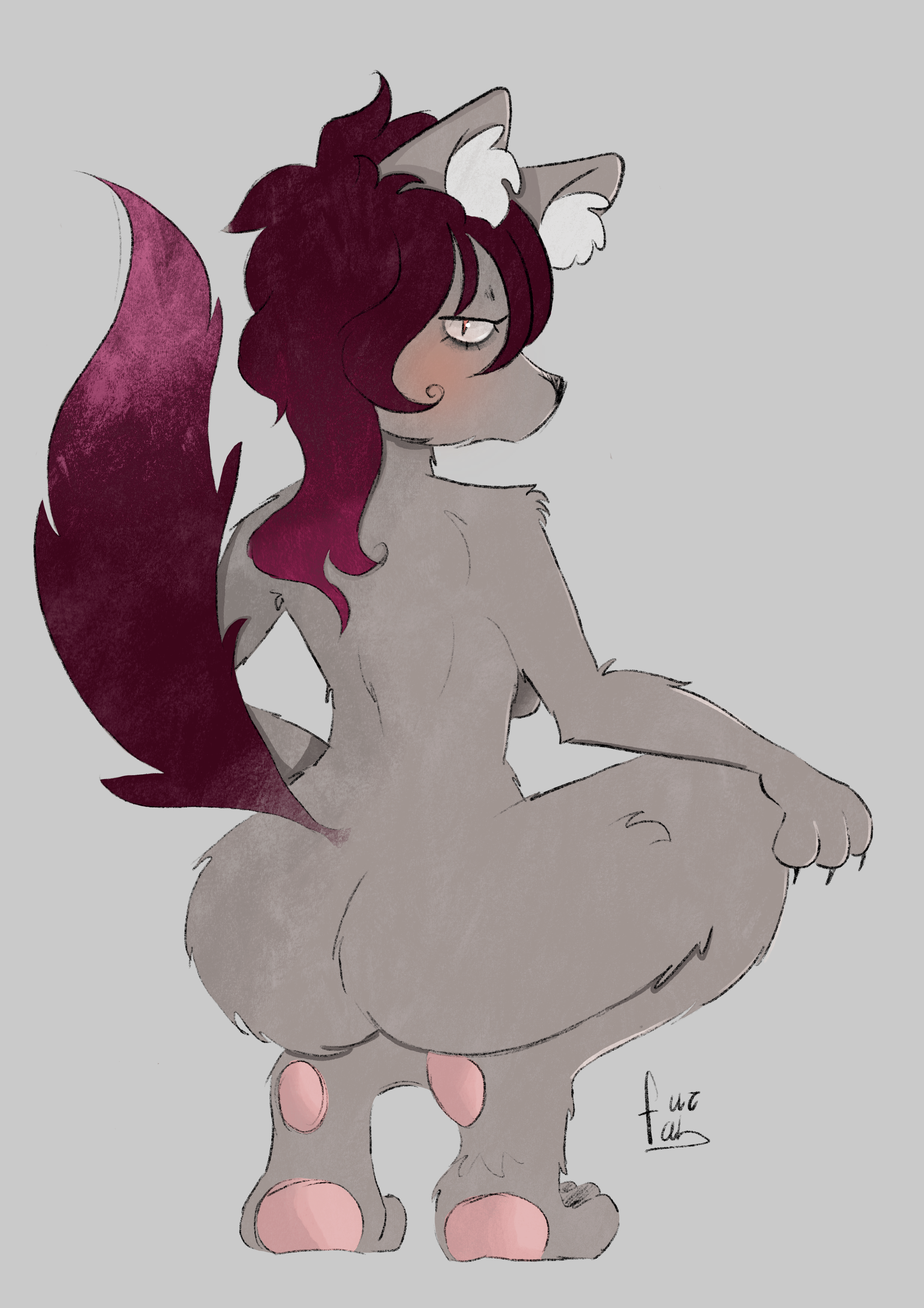 absurd res, hi res, anthro, ass, canid, canine, canis, female, furfab, hair, mammal, paws, rear view, solo, wolf, 