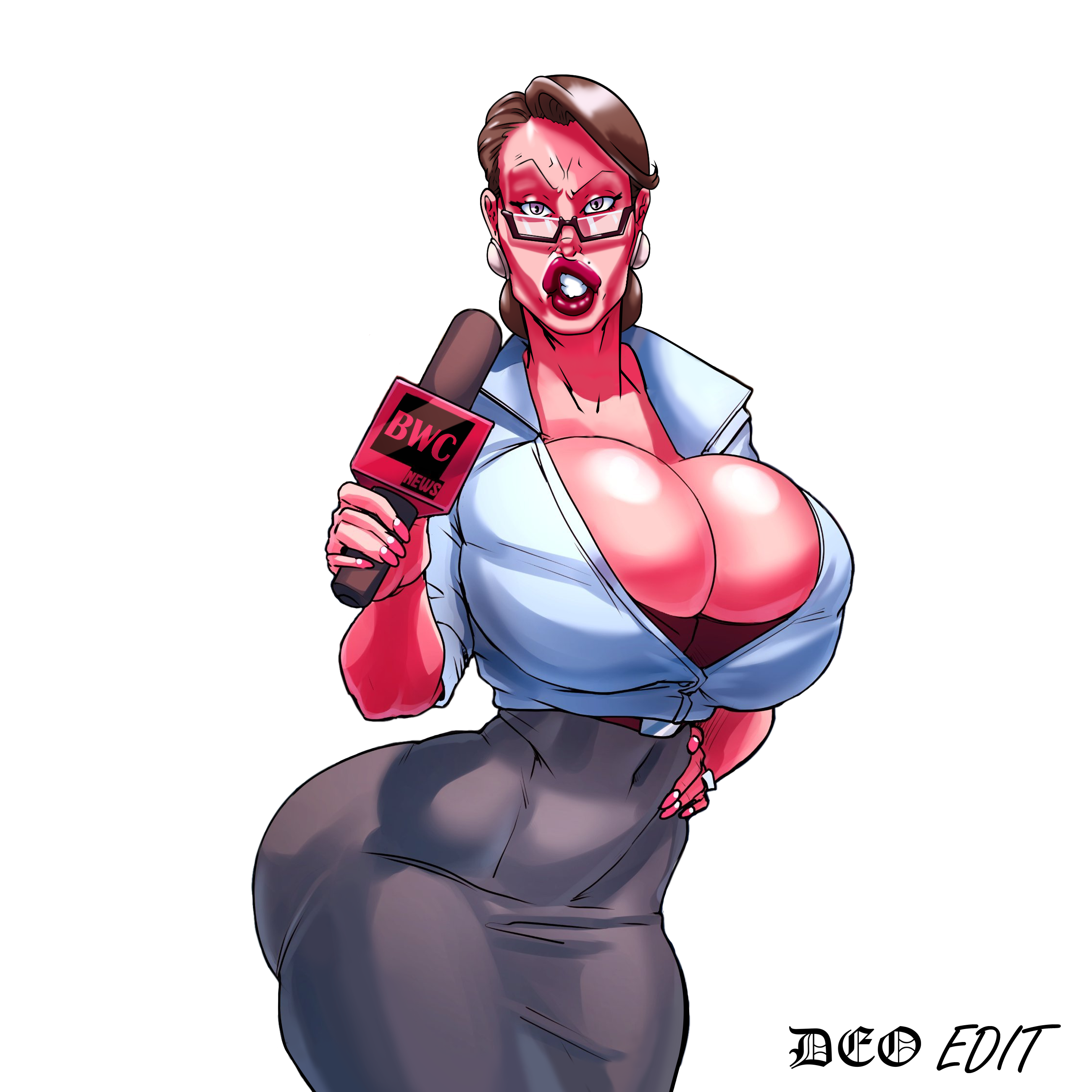 deo, rekks, edit, 1girls, angry, angry face, big ass, bimbo, brown hair, bursting breasts, busty, curvaceous, curvy, curvy body, curvy figure, curvy hips, dark hair, earrings, female, female focus, female only, glasses, hair bun, hand on hip, hourglass figure, huge breasts, large breasts, light-skinned female, light skin, lipstick, looking at viewer, mature female, microphone, milf, news reporter, pencil skirt, purple eyes, ring, shirt, skirt, solo female, thick thighs, thighs, tight clothing, voluptuous, voluptuous female, voluptuous milf, wide hips, 
