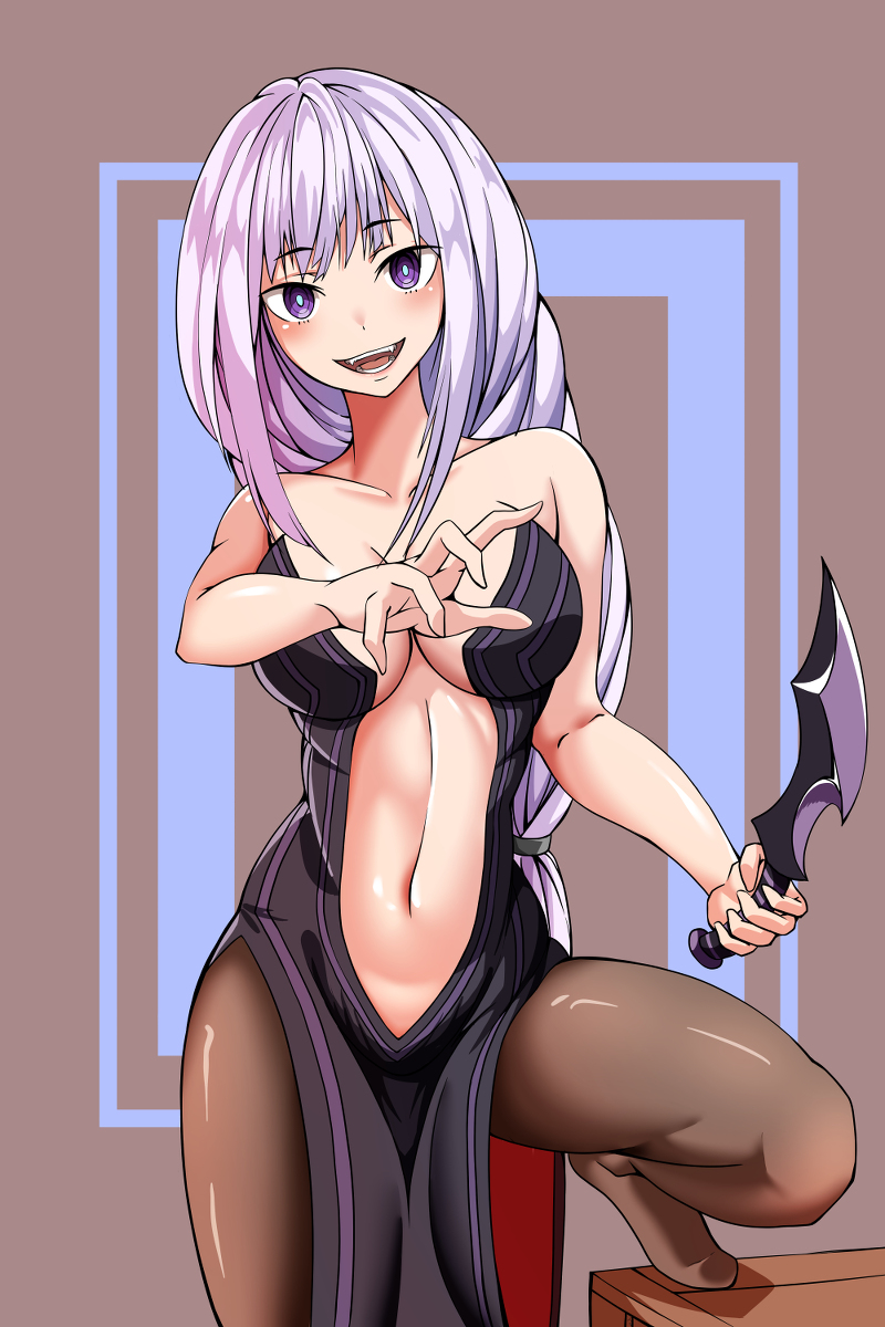 emilia (re:zero), re:zero kara hajimeru isekai seikatsu, highres, bangs, black dress, braid, braided ponytail, breasts, cleavage, dress, elf ears, elf female, elsa granhilte (cosplay), fangs, female, foot on table, knife, large breasts, linea alba, long hair, military, military uniform, naval uniform, pantyhose, pelvic curtain, pointy teeth, purple eyes, silver hair, smile, solo, teenage girl, teenager, uniform, very long hair, 