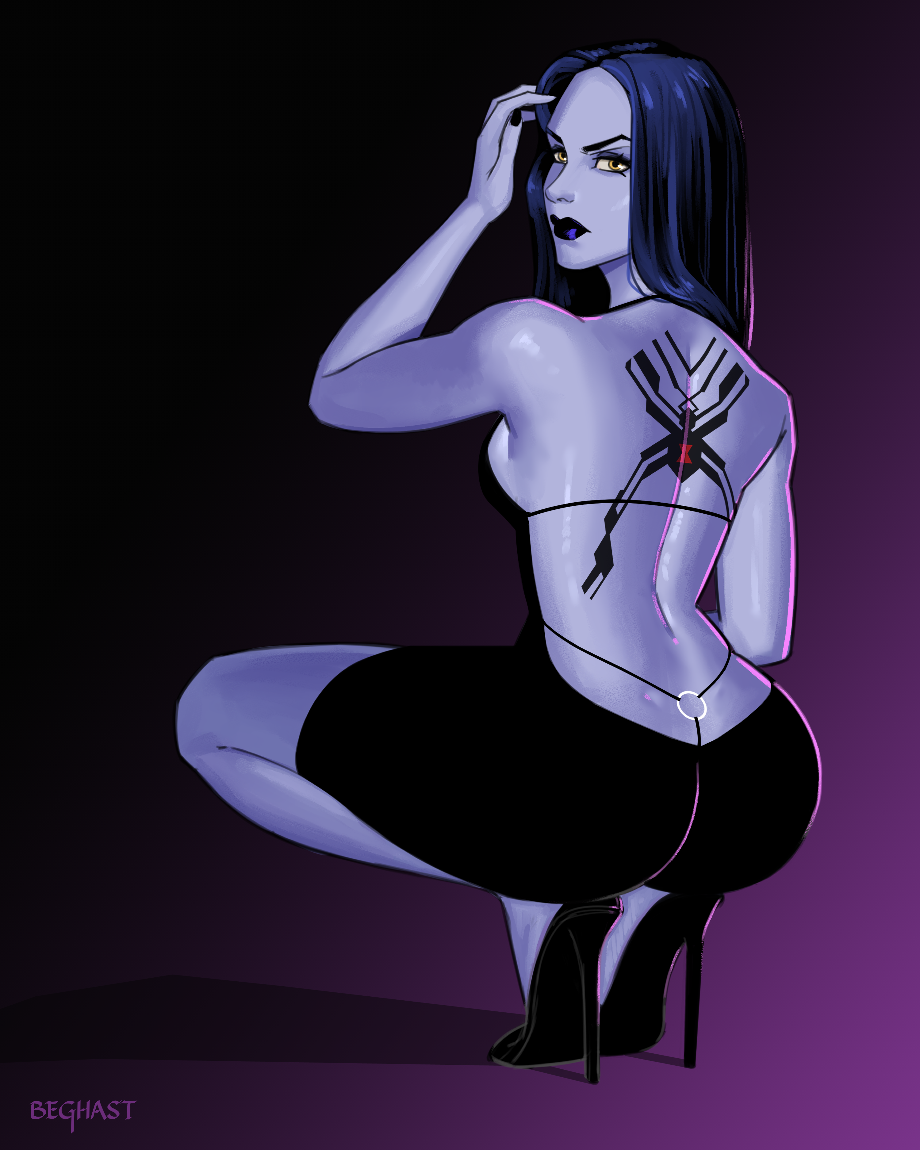 widowmaker, overwatch, high resolution, highres, ass, ass focus, back muscles, back view, beghast, big ass, black dress, blue body, blue skin, dress, formal, formal wear, heels, high heels, kneeling, looking at viewer, looking back, pin up, pinup, squatting, 