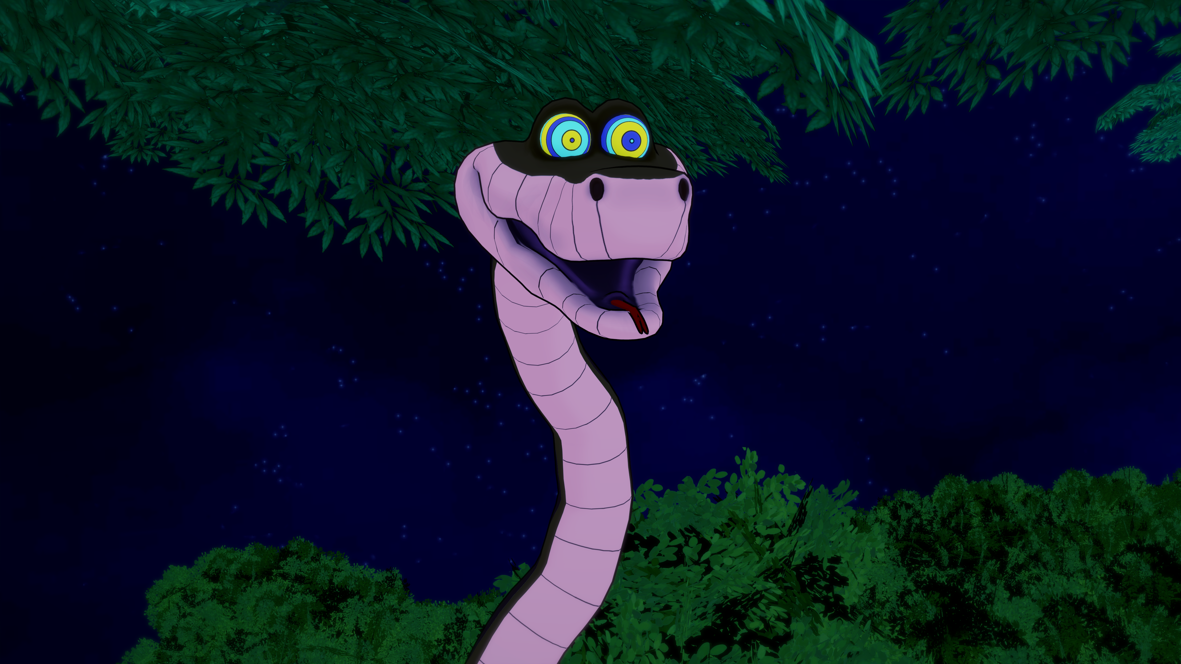 1boy 1girls 3d black_hair breasts cleavage fat_tits female frown huge_breasts hypnosis jungle kaa kaa_eyes koikatsu lipstick loincloth male midriff mind_control mrkoiru outdoors pale_skin resisting ruby_rose rwby short_hair snake surprised the_jungle_book tree weak_resistance wide_hips