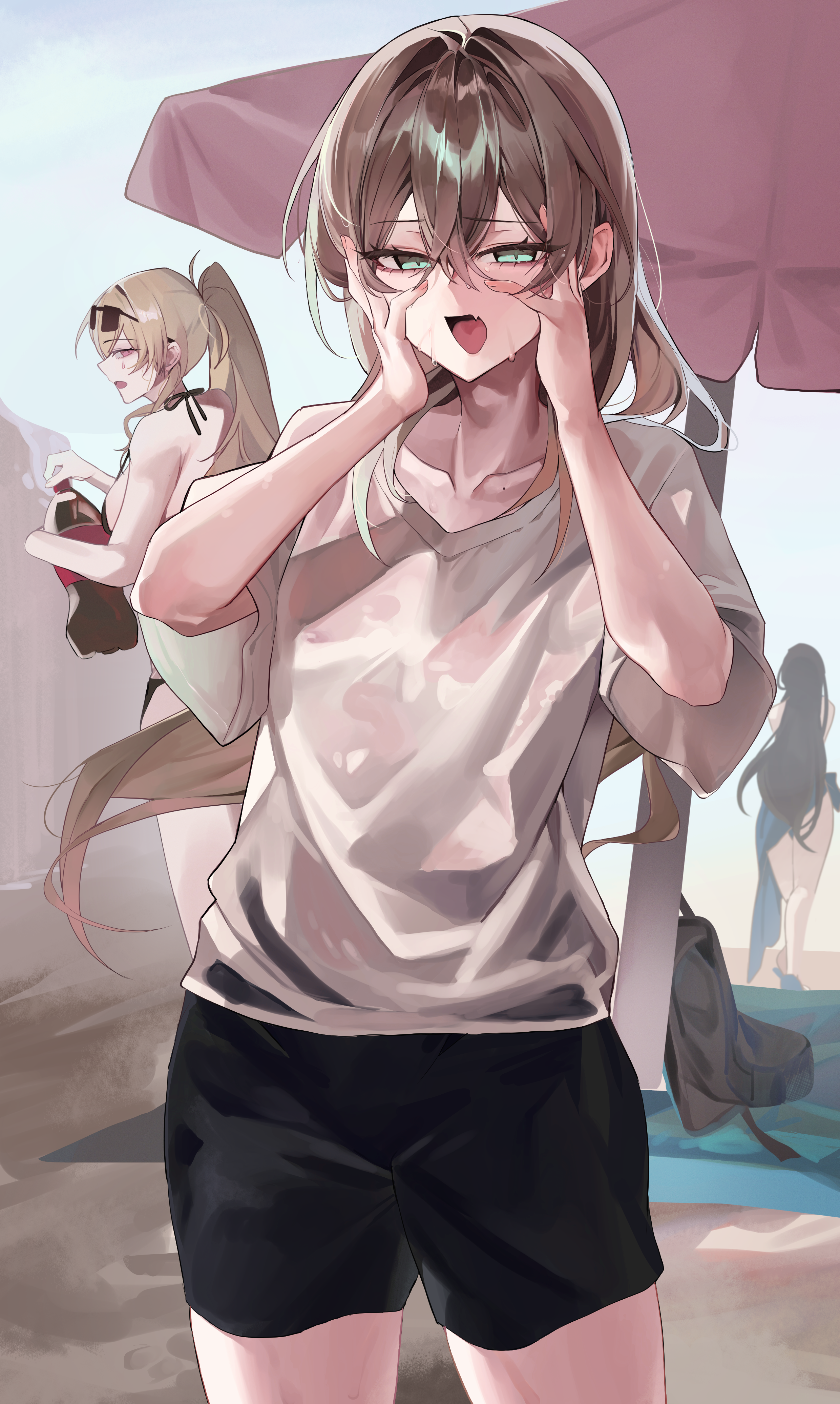 1boy aqua_eyes beach beach_towel beautiful_eyes beauty_mark bedroom_eyes big_eyelashes black_shorts cute_fang female femboy hands_on_head itisfuntostay long_hair looking_at_viewer male original_character otoko_no_ko safe_for_work shorts slender_body translucent_clothing trap very_long_hair wet white_shirt