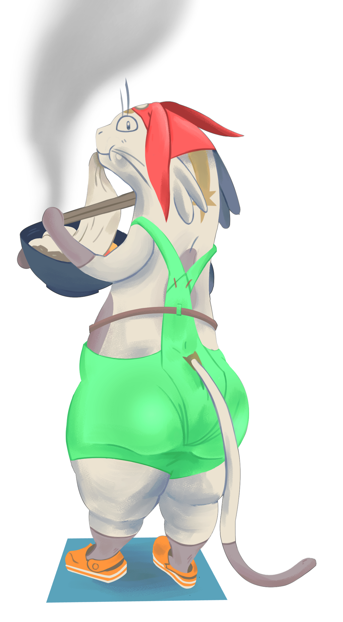 meow (space dandy), space dandy, hi res, anthro, ass, betelgeusian, big butt, clothing, eating, eating food, felid, feline, food, footwear, fur, hat, headgear, headwear, lineless, looking at viewer, looking back, male, mammal, slightly chubby, solo, thael, thick thighs, white body, white fur, 