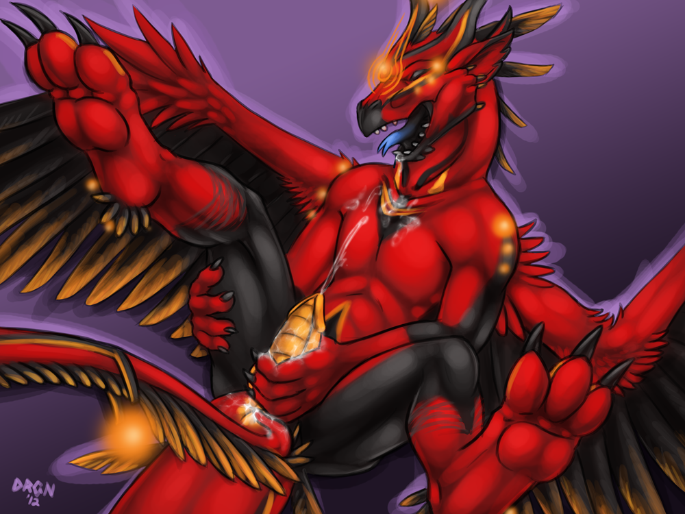 exterio, rift, ass, aura, cum, demonic, dragon, feathers, glowing, male, male only, no humans, penis, solo, wings, 
