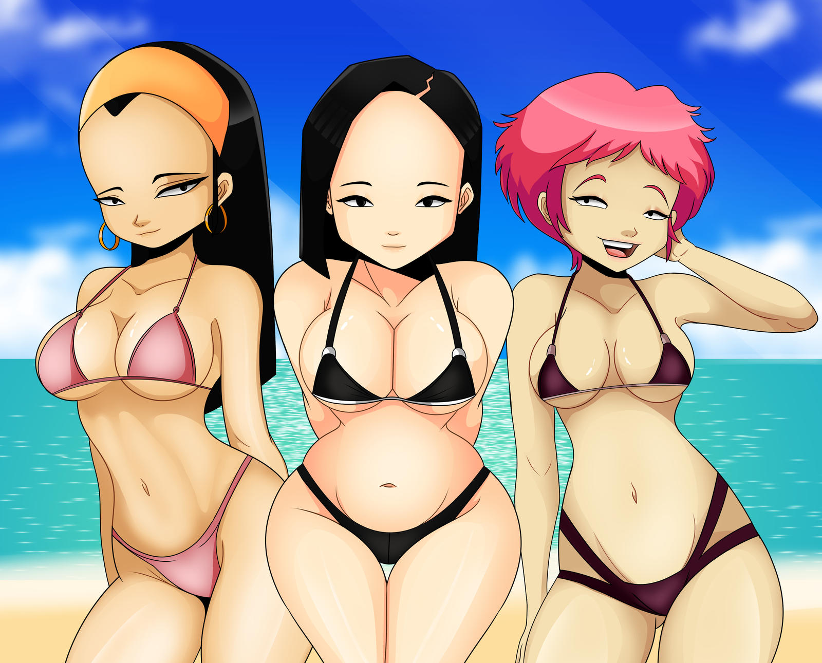 sonson-sensei, aelita schaeffer, elisabeth delmas, yumi ishiyama, code lyoko, 3girls, beach, bikini top, female, female focus, female only, 