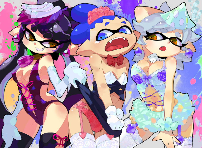 27 degrees, callie (splatoon), inkling, marie (splatoon), squid sisters, nintendo, splatoon, pose, 1boy, 2girls, ass to ass, assisted exposure, black hair, blue eyes, blue hair, bow, bowtie, breasts, bulge, choker, cleavage, crossdressing, earrings, elbow gloves, fangs, garter belt, garter straps, gloves, gradient, gradient background, grey hair, grin, hat, jewelry, large breasts, lingerie, long hair, mole, mole under eye, multiple girls, paint splatter, panties, pointy ears, ponytail, skirt, skirt lift, skirt pull, skirt tug, smile, tears, tentacle hair, thighhighs, tied hair, trap, underwear, yellow eyes, 