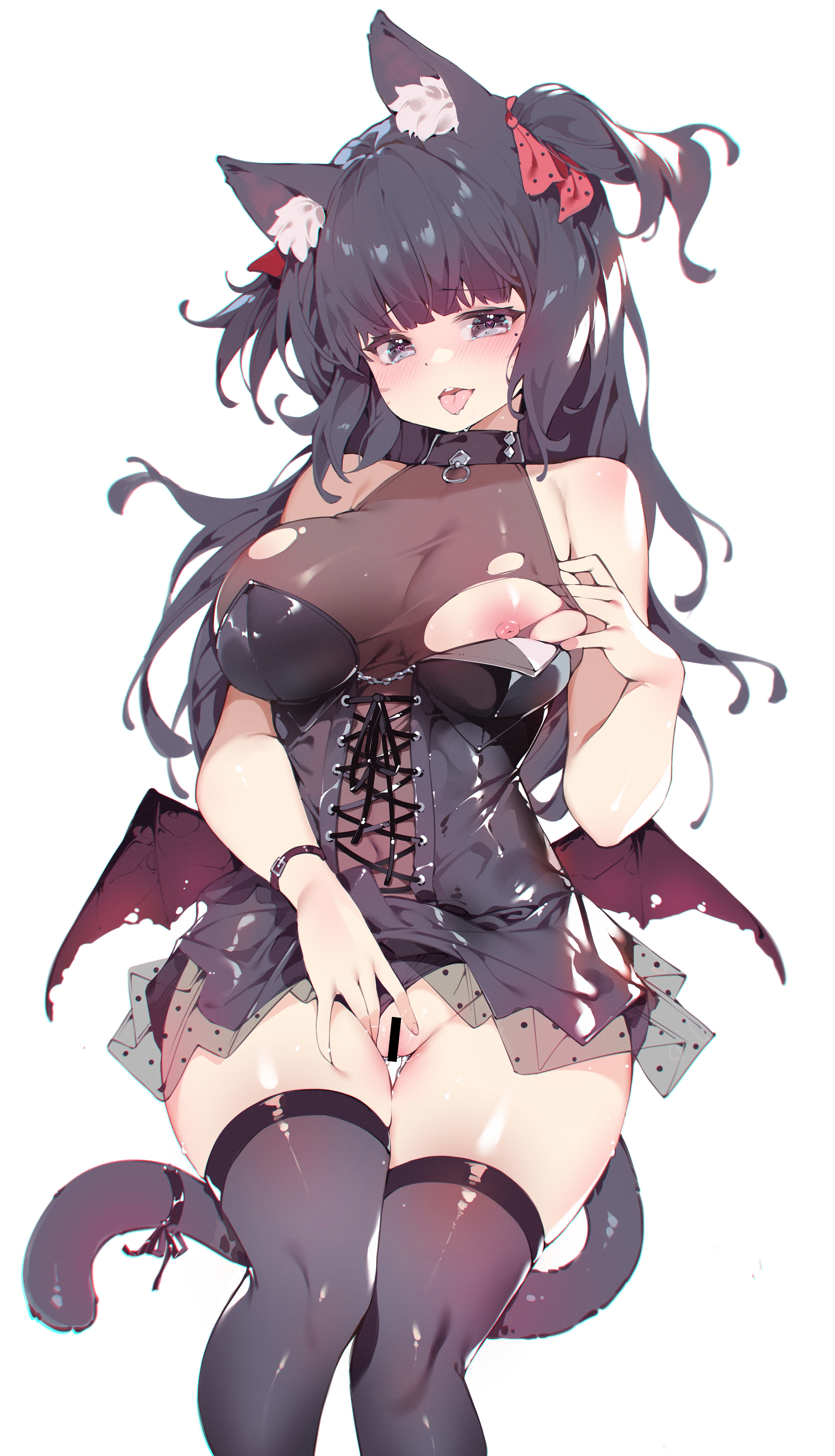 final fantasy, final fantasy xiv, original, absurdres, bar censor, censored, highres, simple background, white background, \||/, animal ear fluff, animal ears, avatar (ff14), bangs, bat wings, between legs, black hair, black panties, black ribbon, black thighhighs, blush, breasts, cat ears, cat girl, cat tail, cleavage, clothing aside, corset, covered navel, cowboy shot, facial mark, female, grey eyes, hair ribbon, hand between legs, heart, heart-shaped pupils, large breasts, lingerie, long hair, looking at viewer, low wings, miqo'te, mole, mole under eye, nipples, one breast out, open mouth, panties, panties aside, pussy, pussy juice, red ribbon, ribbon, solo, symbol-shaped pupils, tail, tail ornament, tail ribbon, thigh gap, thighhighs, thighs, tongue, tongue out, torn clothes, two side up, underwear, wedgie, whisker markings, wings, zhazhapao, 