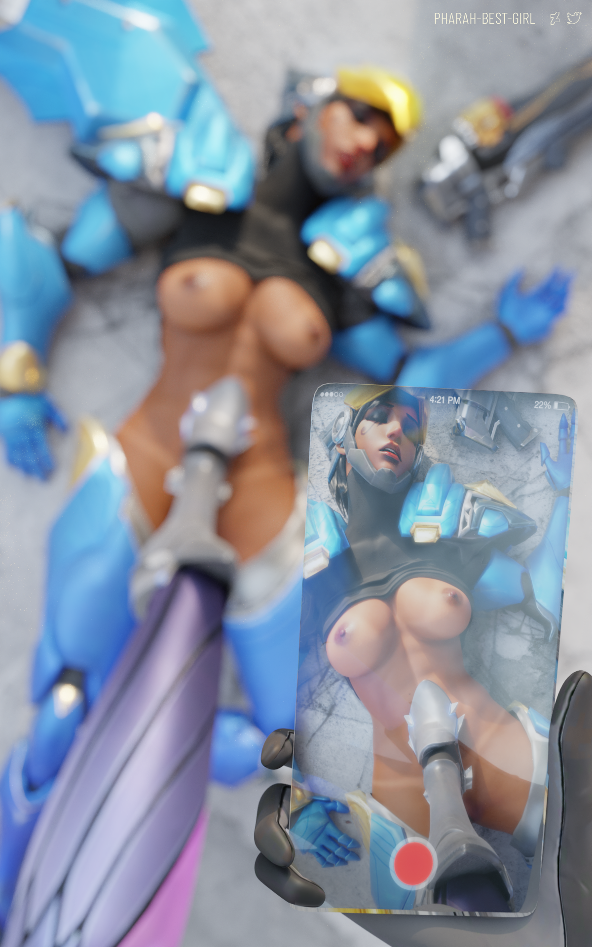 pharah-best-girl, pharah, widowmaker, overwatch, 3d, blender, high resolution, 2girls, abs, black eyes, black hair, dark-skinned female, dark skin, domination, female, helmet, high heels, holding, holding object, holding phone, knocked out, latex bodysuit, multiple girls, muscle, muscular female, phone, photo, power armor, rocket launcher, shoes, stepped on, tanlines, tanned, unconscious, weapon, 