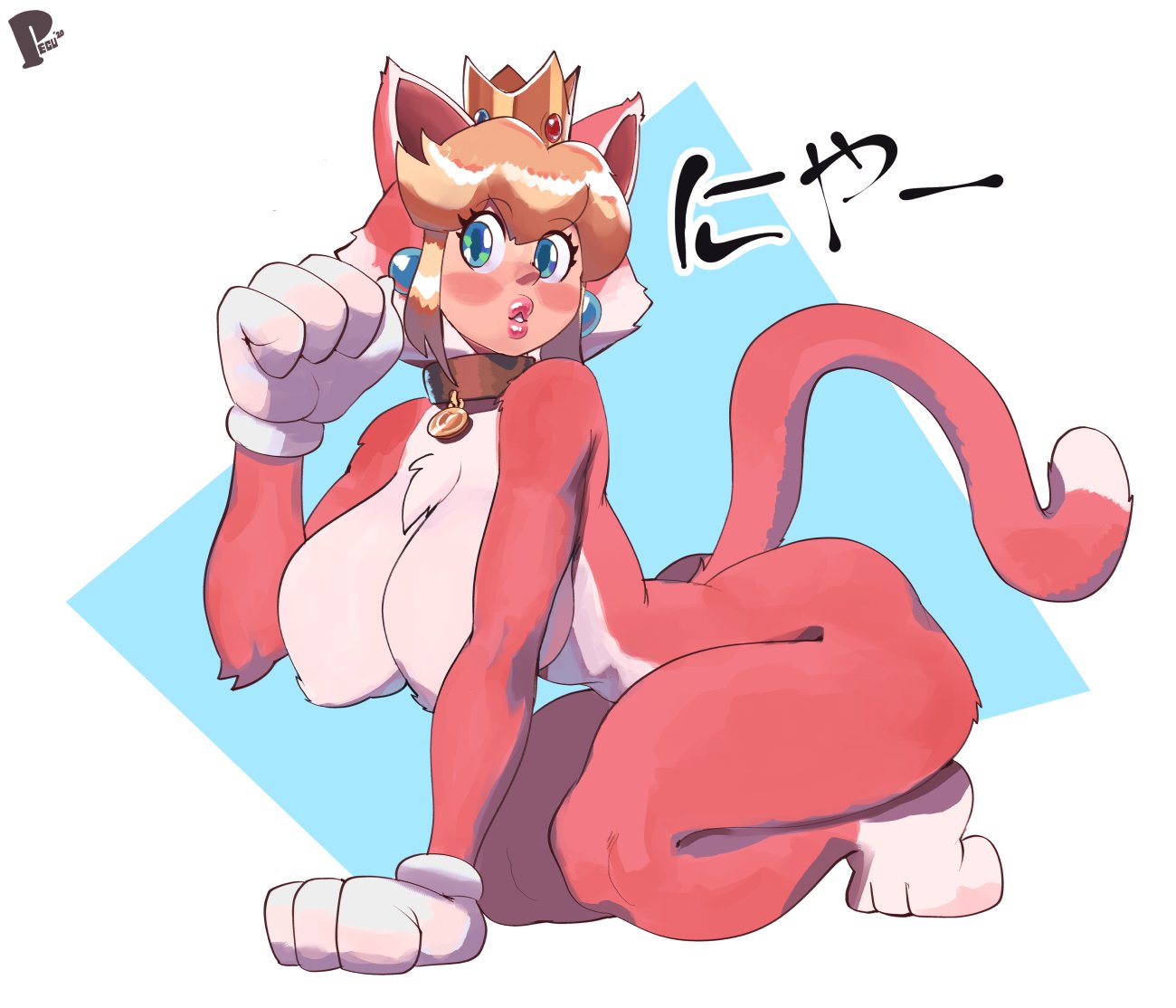 peculiart, princess peach, super mario bros., 1girls, big breasts, blush, breasts, cat suit, cleavage, female, female only, large breasts, looking at viewer, solo, thick thighs, wide hips, 