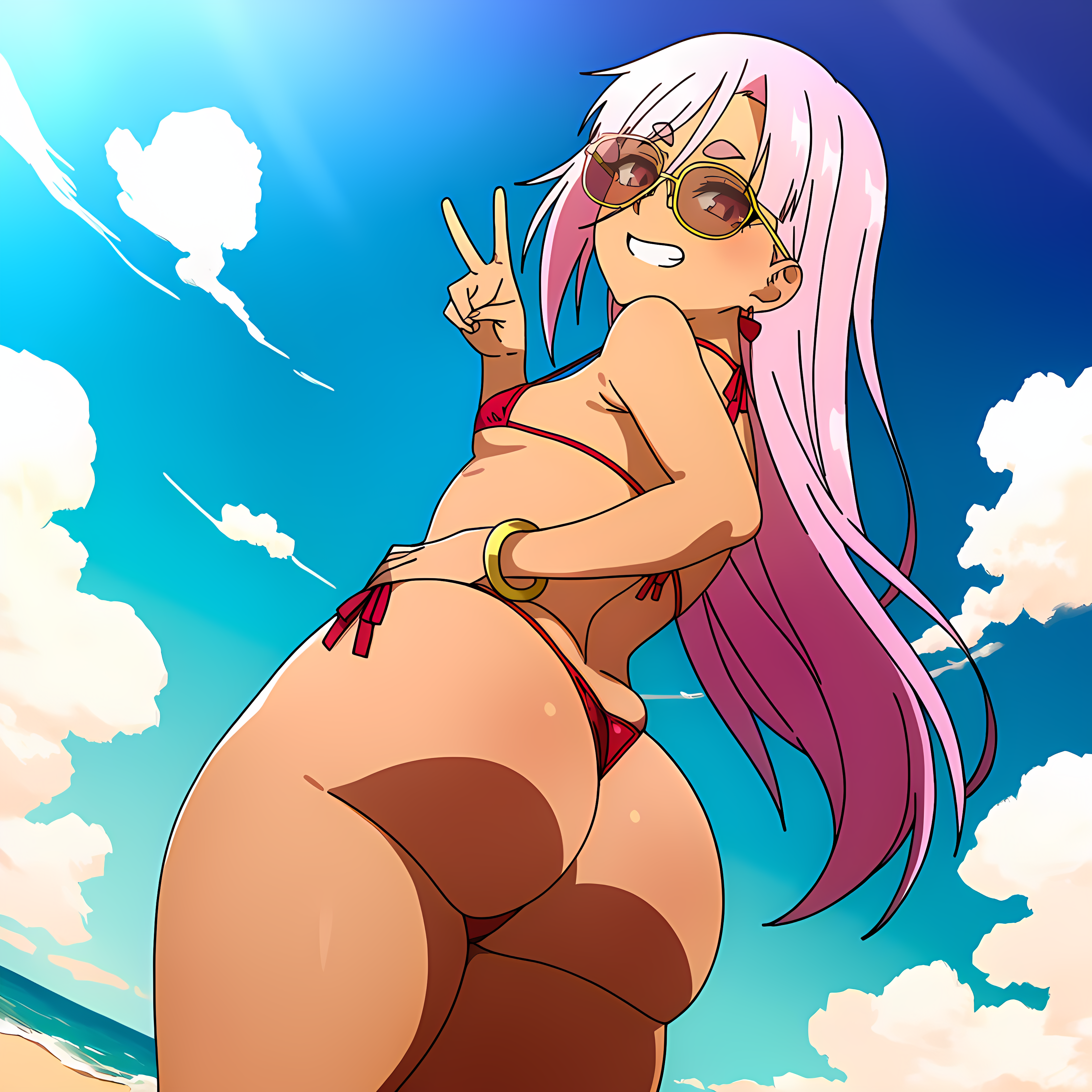 1girls ai_generated ass ass_cleavage back_view beach big_ass big_butt bikini bubble_ass bubble_butt clothed clothed_female clothing dark-skinned_female dark_skin female female_only grin hand_on_hip hentai4life huge_ass huge_butt legs_together let_this_grieving_soul_retire! liz_smart looking_at_viewer looking_back looking_back_at_viewer low-angle_view nageki_no_bourei_wa_intai_shitai novelai outside peace_sign pink_hair round_ass round_butt sideboob sky solo solo_female standing sunglasses swimwear thick_eyebrows thighs
