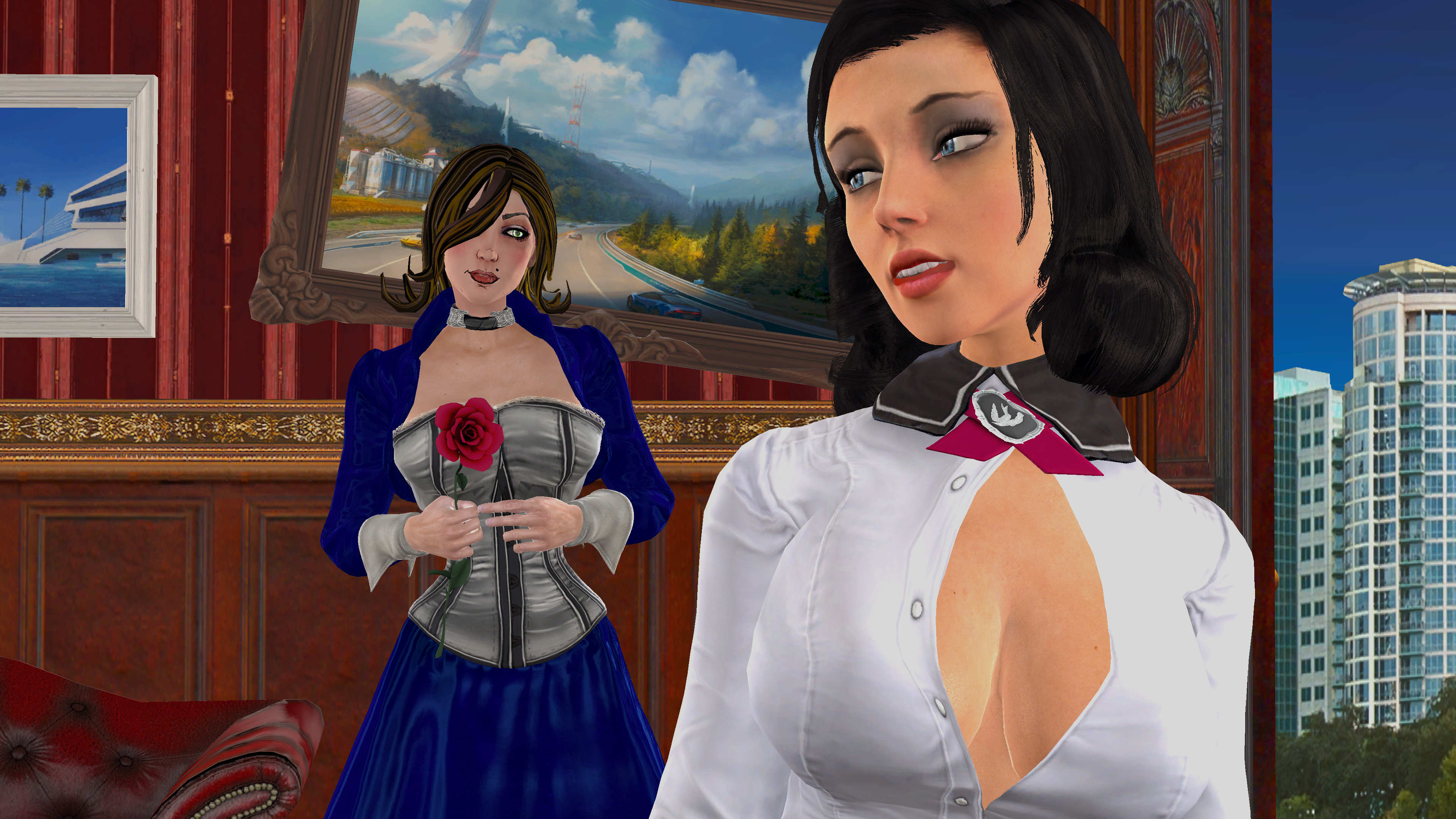 <b>elizabeth</b>, mad moxxi, <b>bioshock</b>, borderlands, 2girls, breasts, cleavage, fem...