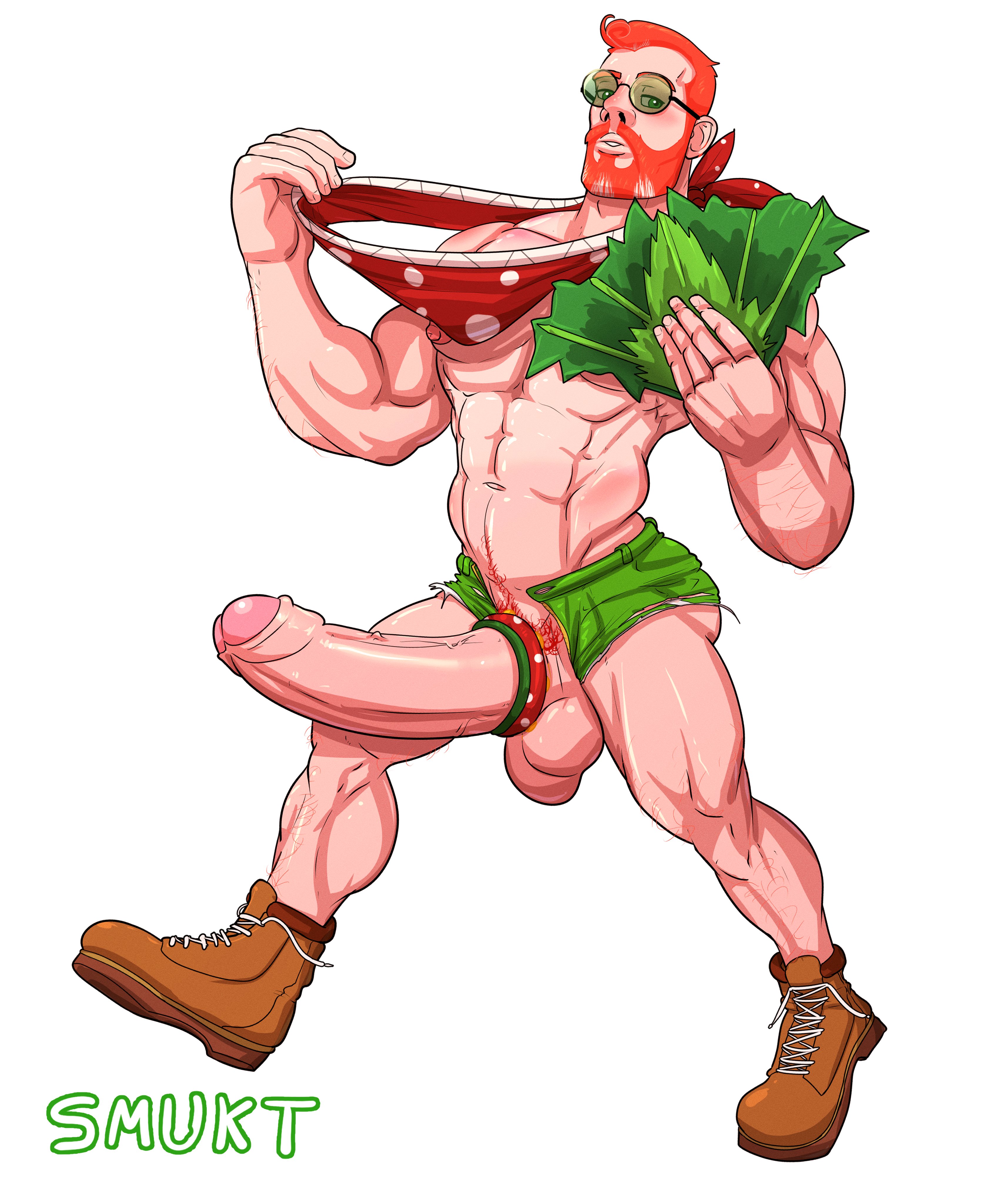 piranha plant, mario (series), 1boy, abs, balls, bandana, beard, boots, boo...