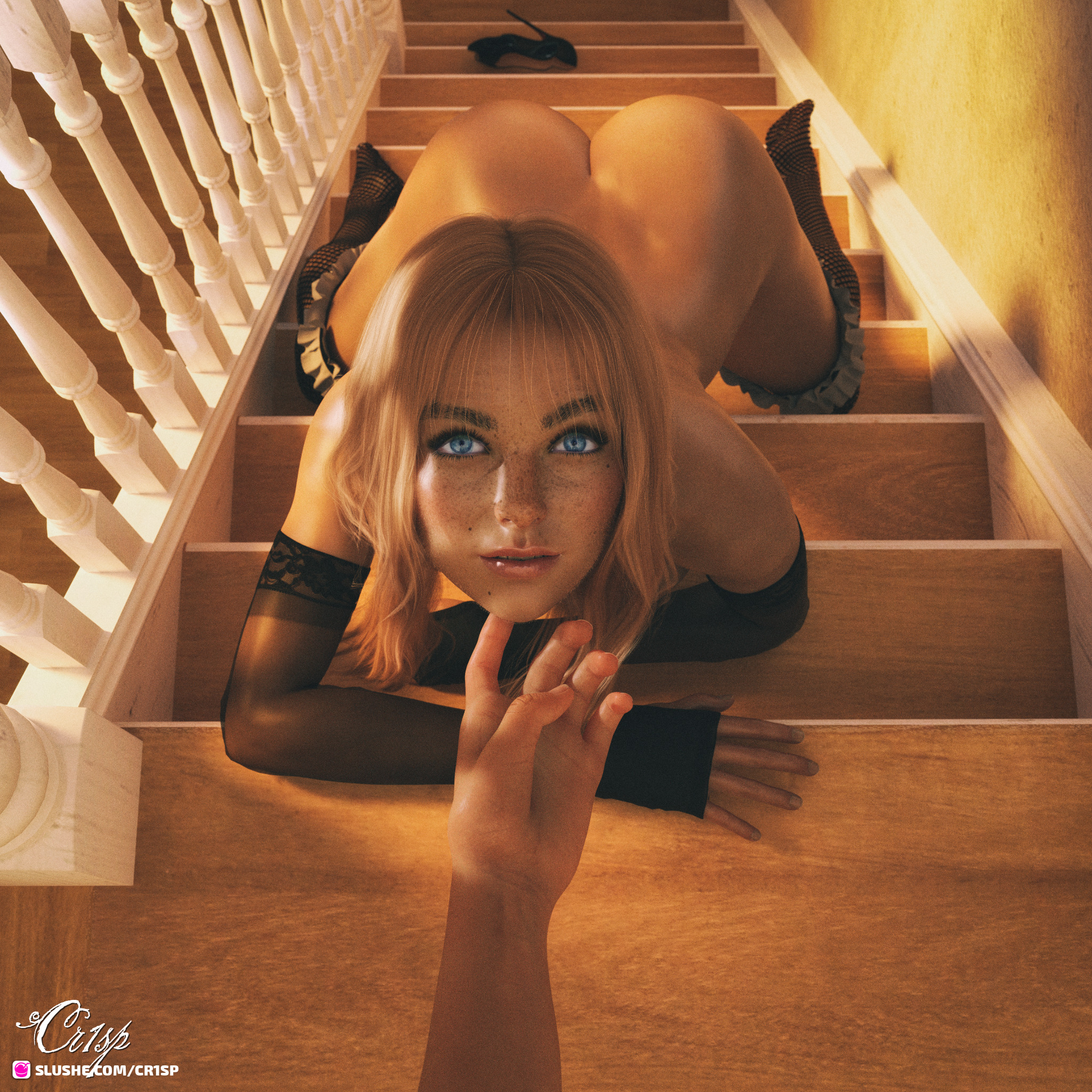 slushe (website), 3d, tagme, 1girls, blonde hair, blue eyes, cr1sp, female, female focus, female only, freckled skin, freckles, freckles on face, indoors, kneehighs, looking at viewer, nude, nude female, pinup, pov, solo, solo female, solo focus, stairs, thick eyebrows, viewed from above, 