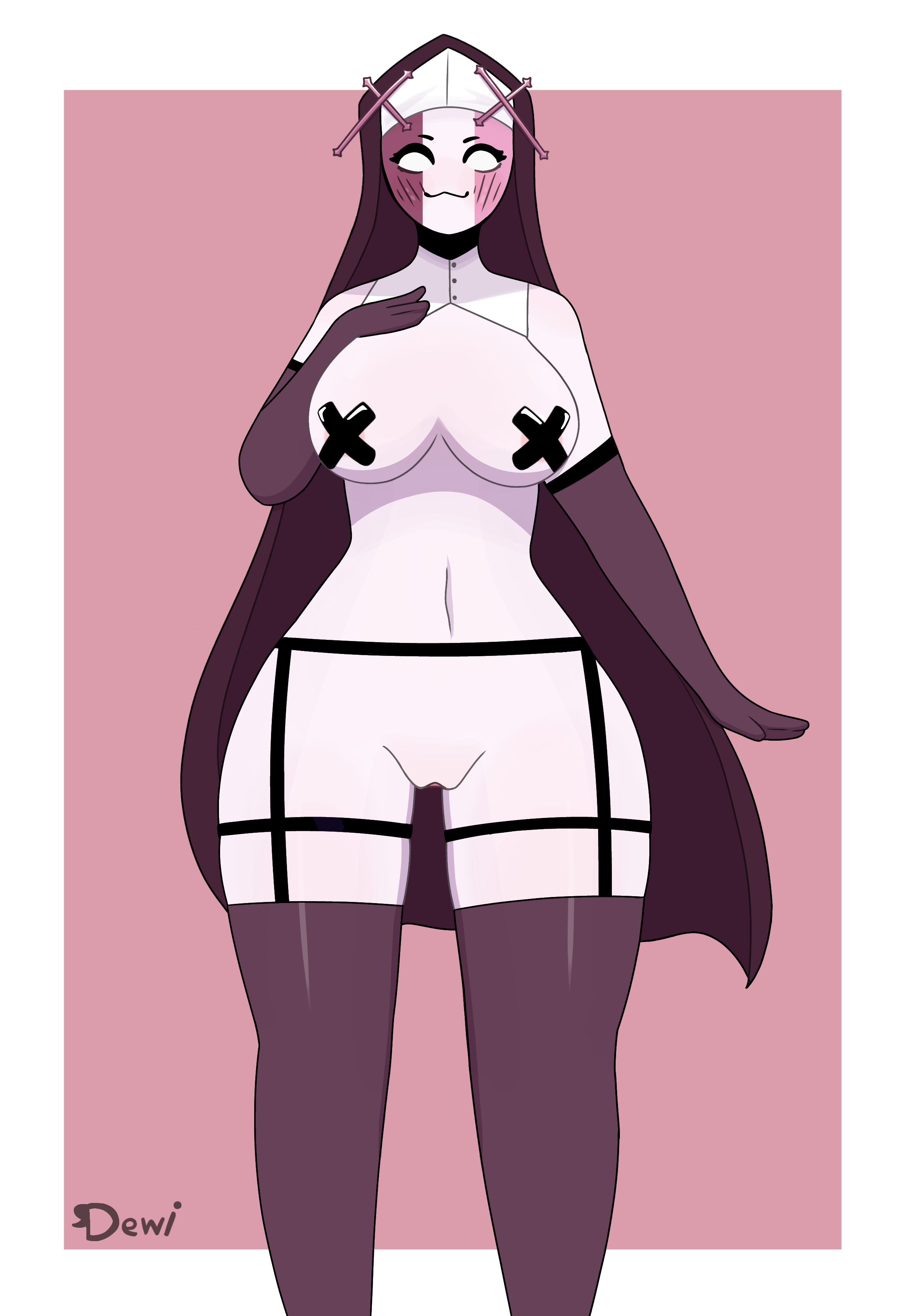 simple background, 1girls, :3, breasts outside, dewi aleman, female, female only, friday night funkin, mid-fight masses, nun, pink skin, sarvente (dokki.doodlez), tape, thighs, vagina, white eyes, 