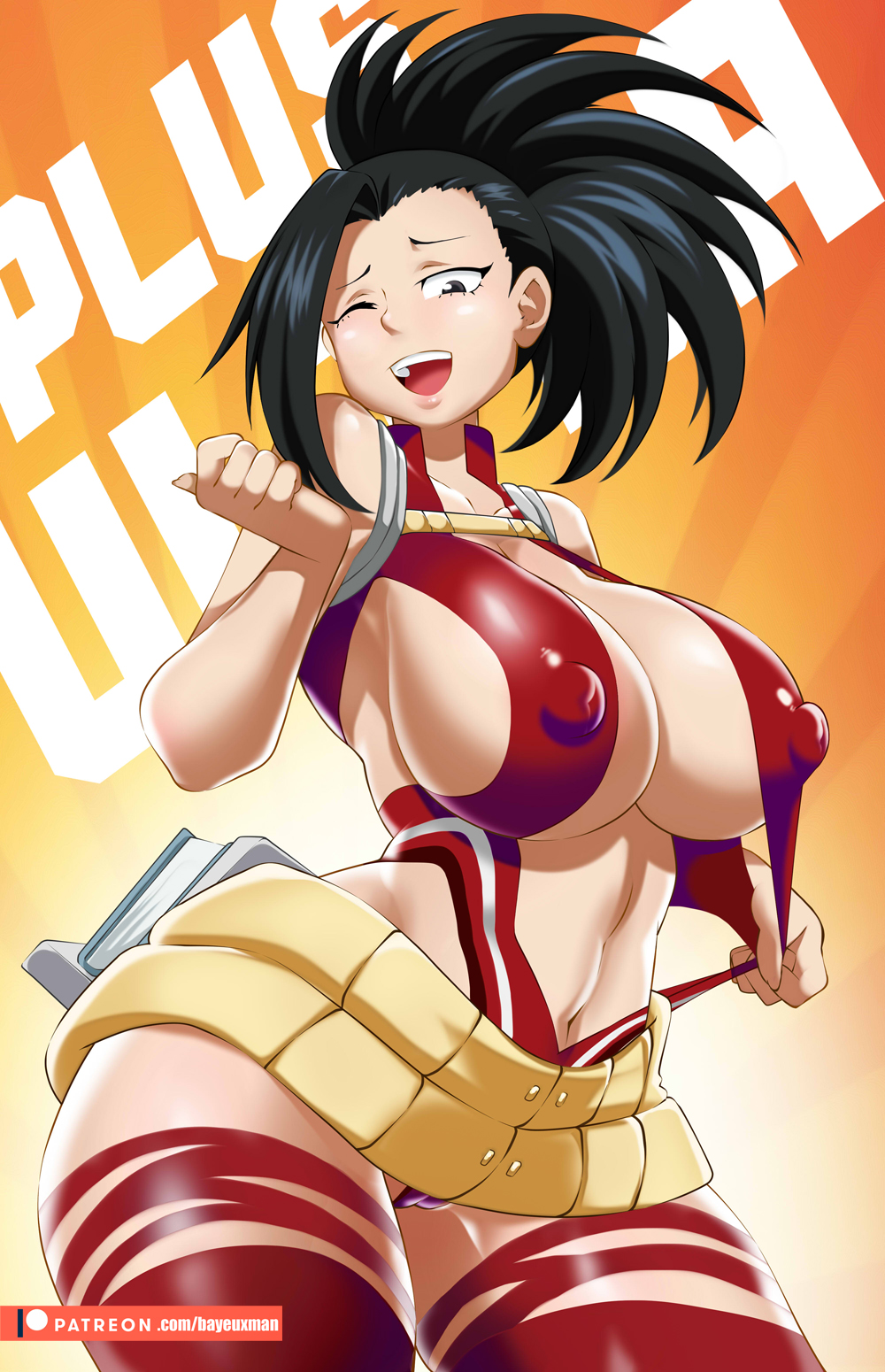 bayeuxman, momo yaoyorozu, my hero academia, big breasts, black eyes, black hair, female, female only, hero outfit(mha), long hair, nipples, nipples visible through clothing, pokies, ponytail, smile, solo, solo female, solo focus, thighhighs, 